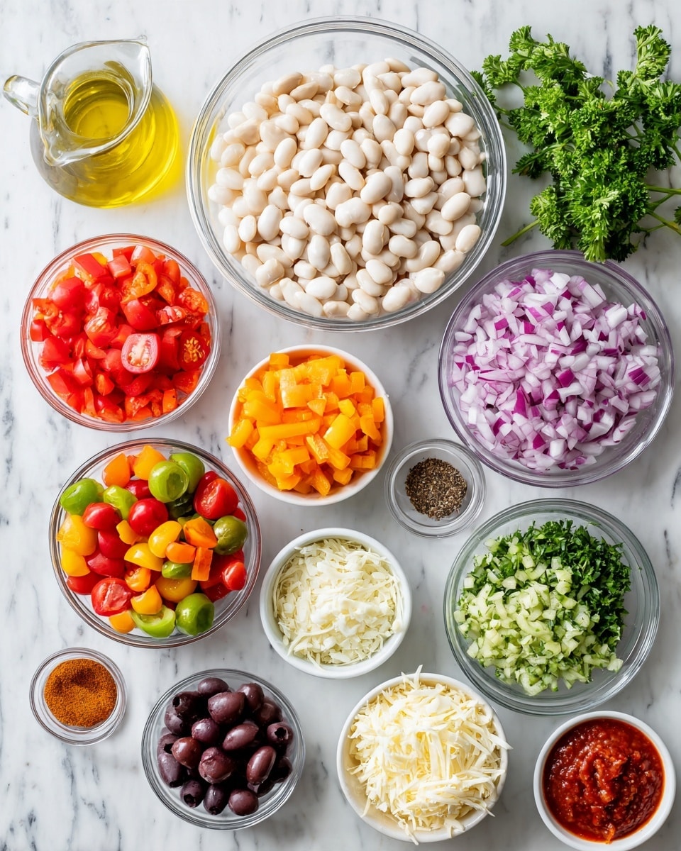 This image shows many clear and white bowls with different fresh ingredients arranged neatly on a white marbled surface. At the top center is a large clear bowl filled with white beans. Around it are smaller white and clear bowls holding colorful chopped red, orange, and yellow bell peppers, halved cherry tomatoes in red and green colors, chopped herbs in green shades, sliced purple onions, shredded white cheese, black round olives, and small bowls with powdered spices in brown, red, and black. There is also a small clear pitcher filled with olive oil and a small white bowl with a red sauce. Fresh green parsley lies in the top right corner on the white marbled surface. Each ingredient layer stands out clearly with bright and natural colors, perfect for a fresh recipe setup. photo taken with an iphone --ar 4:5 --v 7