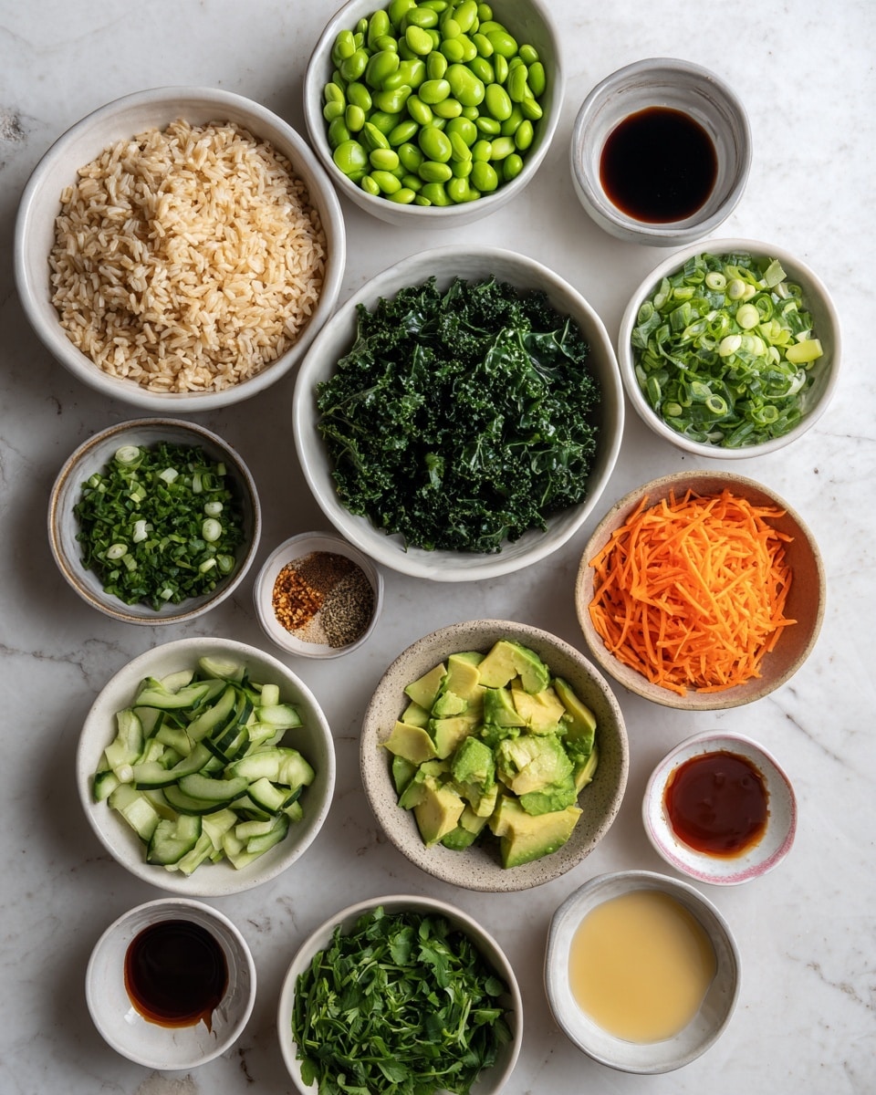 A top view of many small white bowls arranged on a white marbled surface, each bowl holding different fresh ingredients: one with light brown cooked rice, one filled with dark green chopped leafy kale, another with bright green edamame beans, a bowl with shredded orange carrots, one holding bright green sliced scallions, a bowl with light green sliced avocado, another with dark green cucumber slices, and a smaller bowl with chopped fresh green herbs. Nearby are several small bowls and cups containing various sauces and seasonings in colors like dark brown, pale yellow, reddish, and light pink. photo taken with an iphone --ar 4:5 --v 7