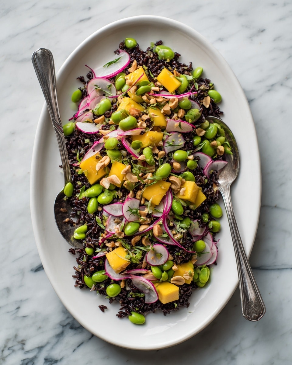 A white oval plate holds a colorful salad layered with small black rice grains as the base, topped with bright green edamame beans scattered throughout. Thin slices of light pink and white radishes are spread evenly across the salad, mixed with small cubes of yellow mango. Thin strips of purple onion add another layer of color. The salad is sprinkled with light brown peanuts and small bits of green herbs. Two silver serving spoons are placed at opposite ends of the plate. The plate sits on a white marbled surface. Photo taken with an iphone --ar 4:5 --v 7