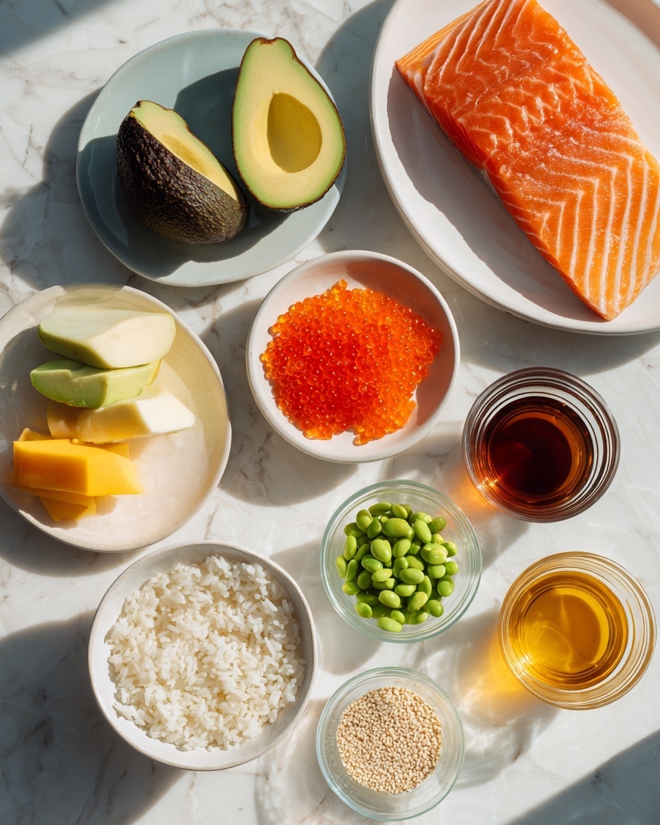 The image shows several white dishes and bowls arranged on a white marbled surface, each holding different ingredients likely for a meal. One large white plate holds a piece of raw salmon with an orange-pink color and visible lines of fat. Another white plate has half an avocado with a dark green-black skin and light green inside with the seed visible, alongside a pale yellow mango. A small white bowl contains bright orange salmon roe, and another small bowl holds green edamame beans. There is a larger white bowl filled with cooked white rice at the bottom. Next to these, a tiny bowl has beige sesame seeds, and three small clear containers hold different colored liquids: amber, dark brown, and light yellow. The bright natural light casts soft shadows, making the colors vivid and clear. Photo taken with an iphone --ar 4:5 --v 7