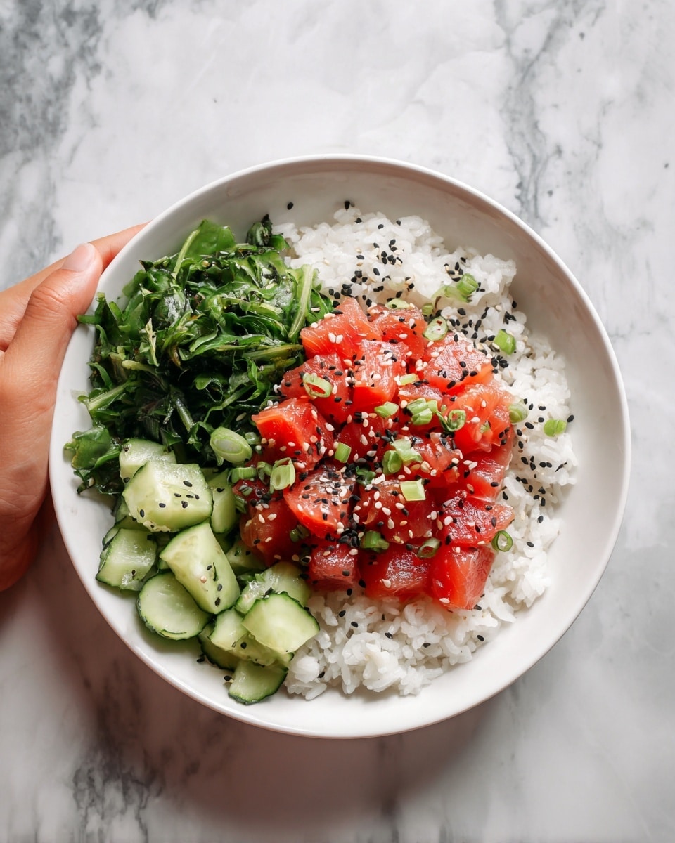 The image shows a white bowl filled with three main layers. The bottom layer is made of steamed white rice, mostly hidden but visible at the edges. On top of the rice is a generous layer of bright red cubed raw fish mixed with small green onion slices and sprinkled with black and white sesame seeds. The final layer is fresh green leafy vegetables and chopped cucumber pieces arranged along the side of the bowl. The bowl is placed on a white marbled surface with part of a woman’s hand reaching towards it from the top left corner. Photo taken with an iphone --ar 4:5 --v 7