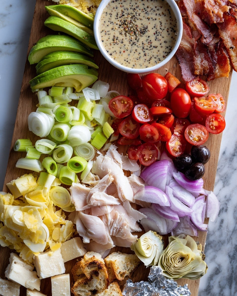 On a wooden cutting board with a white marbled background, there are multiple fresh ingredients arranged in small piles. Starting from the top left, there are two thick slices of light green avocado, next to a white bowl filled with a beige dressing speckled with black and white seeds. Below that are thin yellow-green leek rings, and to the right are shiny sliced red cherry tomatoes, each showing seeds inside. Adjacent to the tomatoes, on the right, is a whole bright red cherry pepper and a small dark olive. Below the pepper are thinly sliced purple onions and a pale green quartered artichoke. Toward the bottom, there are small white chunks of crumbled cheese, thin slices of white cooked turkey, a piece of crispy bacon on shiny foil, and broken pieces of toasted bread also on shiny foil. The overall look is colorful and fresh with a mix of soft and crisp textures. photo taken with an iphone --ar 4:5 --v 7