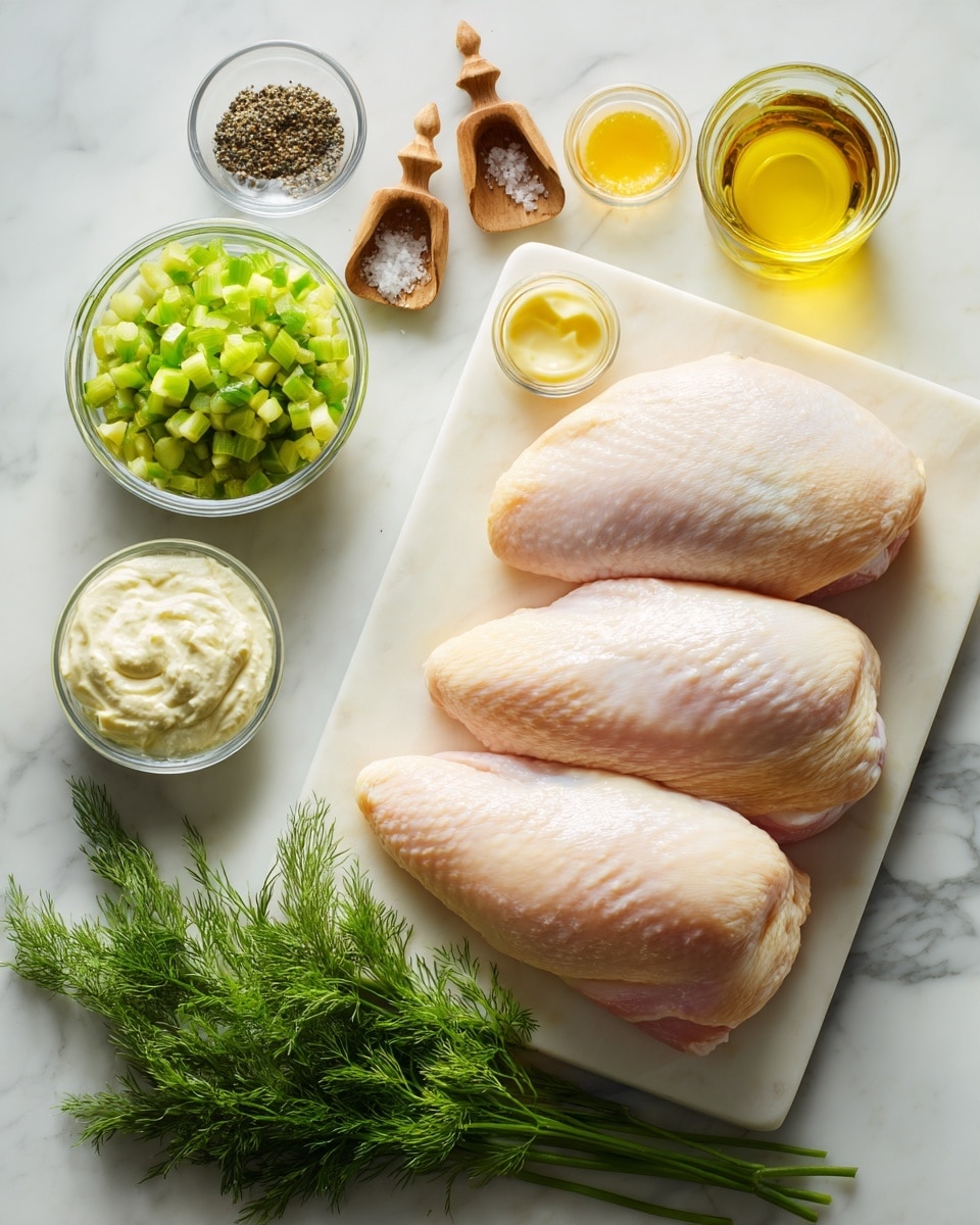 The image shows two raw chicken pieces lying side by side on a white cutting board in the middle of a white marbled surface. Surrounding the board are several small glass bowls filled with chopped green pickles, chopped celery, creamy white sauce, yellow mustard, and olive oil. Three small wooden scoops hold salt, black pepper, and another seasoning, arranged above the chicken. A small bunch of fresh green dill is placed near the bottom right corner of the cutting board. The scene is bright and clean with a soft natural light. photo taken with an iphone --ar 4:5 --v 7