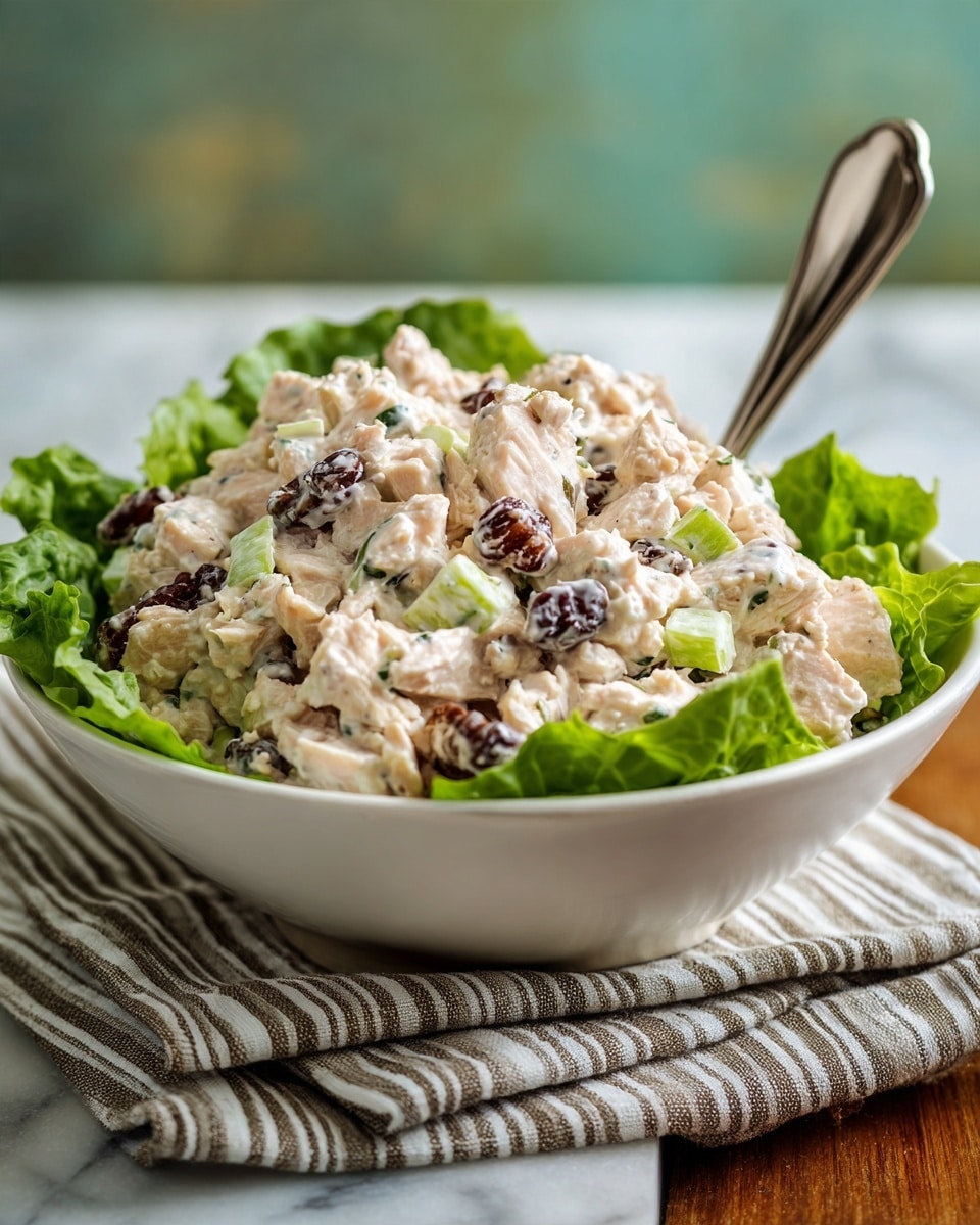 The image shows a white bowl filled with chicken salad on a bed of green lettuce leaves. The chicken salad has small chunks of chicken mixed with creamy dressing, small green celery pieces, and bits of dark brown nuts or dried fruit. The bowl rests on a striped cloth napkin over a wooden surface, with a silver spoon placed inside the bowl on the right side. The background is softly blurred with green and warm tones, and the photo is taken on a white marbled surface. photo taken with an iphone --ar 4:5 --v 7