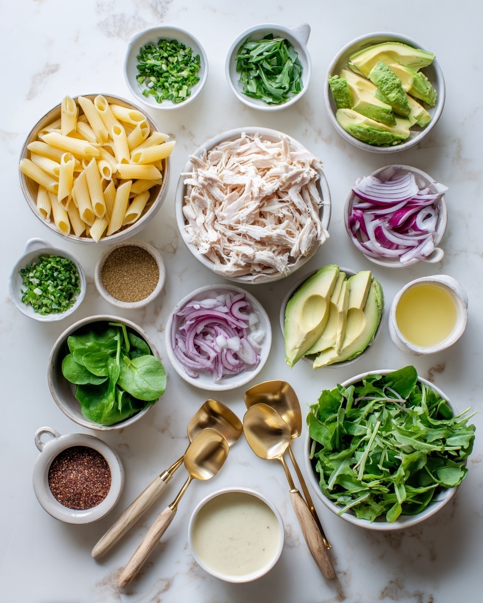 The image shows many white bowls and small cups on a white marbled surface, each holding different ingredients arranged neatly. In the center, there is a bowl filled with uncooked penne pasta, light yellow in color. Next to it, a bowl contains shredded cooked chicken in pale pinkish white. Surrounding these are small bowls with thin slices of purple onion, fresh green spinach leaves, vibrant chopped green herbs (likely chives and parsley), and leafy greens like arugula. Two small gold spoons with wooden handles hold creamy white and light yellow sauces. Sliced avocado with a smooth, pale green texture sits in another bowl. Small white cups carry a brown paste, ground spices in brown and yellow shades, and a small cup holds light yellow liquid. The setup is clean and organized, offering a fresh and colorful mix of ingredients. photo taken with an iphone --ar 4:5 --v 7