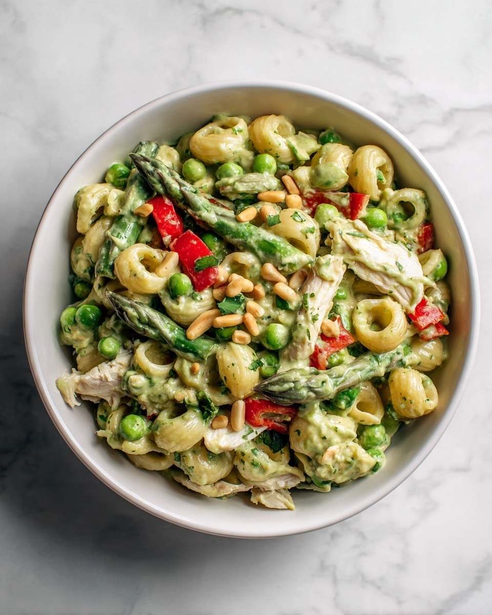 The image shows a white bowl filled with a colorful pasta salad. The base layer consists of small, round pasta coated in a creamy green sauce. Mixed among the pasta are bright green asparagus pieces and peas, along with chunks of white chicken and white cheese. Scattered on top are small golden pine nuts adding texture and contrast. Red bell pepper pieces are also visible, adding pops of red color throughout the dish. The bowl rests on a white marbled surface. Photo taken with an iphone --ar 4:5 --v 7