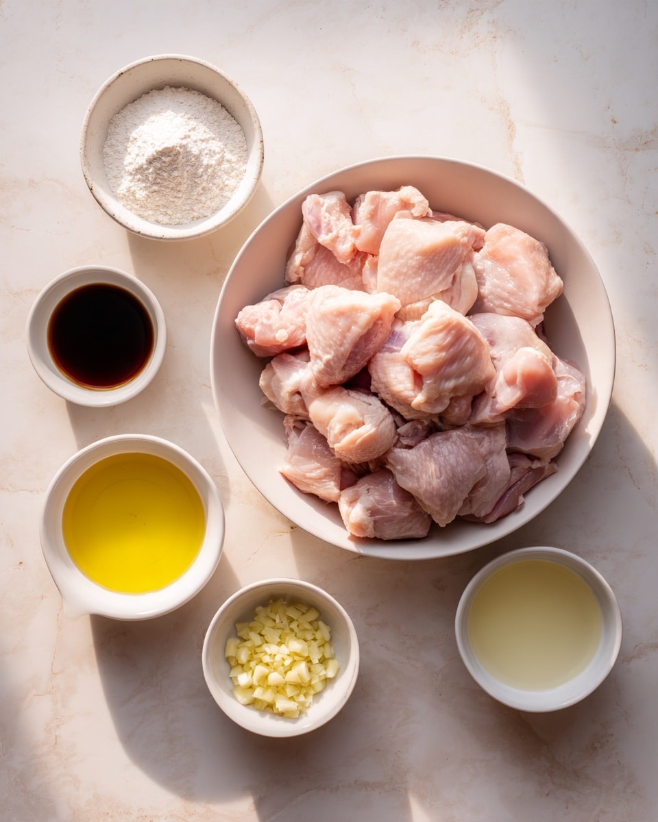 A white bowl filled with raw, light pink chicken pieces sits at the top center of the image on a white marbled surface. Surrounding the bowl, there are five small white cups arranged in an arc: at the top left, a cup containing white flour; below that, a small cup with dark brown liquid; bottom right, a cup with light yellow oil; in the center bottom, a cup with chopped light yellow garlic; and at the bottom left, a white cup with clear liquid. The composition is simple and neatly arranged with natural lighting. photo taken with an iphone --ar 4:5 --v 7