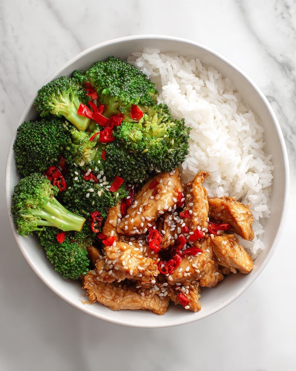 A white bowl filled with a base layer of white rice. On top, there are two main layers beside each other: one side has bright green broccoli mixed with small pieces of red chili, and the other side has golden-brown strips of cooked chicken covered in a shiny sauce with sesame seeds sprinkled on top. The bowl is placed on a white marbled surface. Photo taken with an iphone --ar 4:5 --v 7