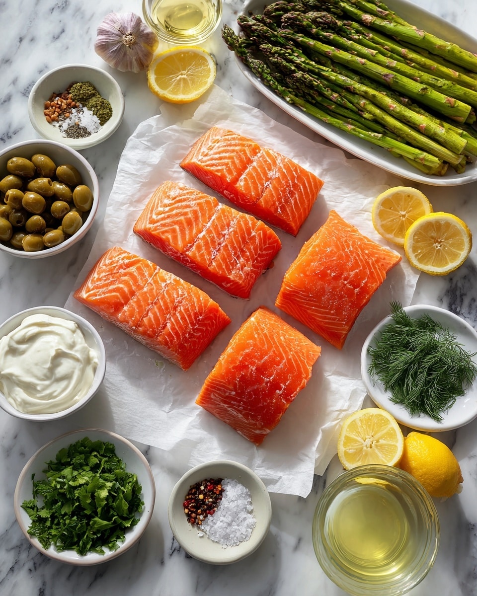 The image shows four bright orange salmon fillets arranged on a white parchment paper in the middle, with visible texture lines on each fillet. Above and to the right, a white oval plate holds a neat pile of fresh, green asparagus spears. Around the salmon are small white bowls with different ingredients: chopped green olives, lemon zest, minced garlic, fresh herbs like cilantro and dill, seasoning powders including salt, black pepper, and paprika, two lemon halves on a small white plate, a bowl with smooth white cream, and clear glass containers holding light yellow lemon juice and olive oil. Everything is set on a white marbled surface, and the scene is brightly lit with soft natural light. photo taken with an iphone --ar 4:5 --v 7