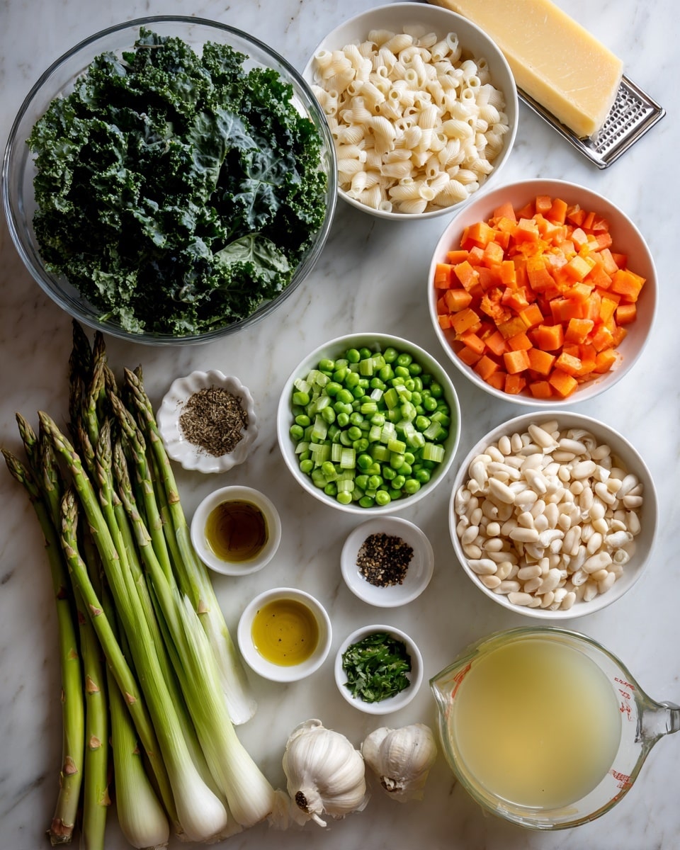 The image shows various fresh ingredients arranged neatly on a white marbled surface, each in separate white bowls or placed directly on the surface. There is a large clear glass bowl filled with dark green leafy kale. To the right, white bowls contain diced bright orange carrots, light green peas, pale white beans, small elbow macaroni, and finely grated white cheese. Long, fresh green asparagus stalks are laid across the middle. Around the ingredients, small white bowls hold oil, fresh herbs, a mix of black and white pepper, and lemon juice. Fresh leeks and garlic cloves are placed horizontally, and a clear measuring cup filled with light yellow broth is at the bottom right. A cheese grater with a yellow block is visible at the top right corner. Photo taken with an iphone --ar 4:5 --v 7