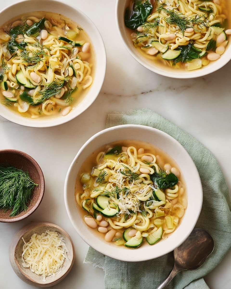 Three white bowls filled with a warm soup are arranged on a white marbled surface. The soup has three layers: small yellow pasta tubes floating in a light broth form the base, mixed with green spinach leaves and slices of pale green zucchini in the middle, and finished with white beans and some sprinkled pale yellow shredded cheese on top. One bowl, positioned near the center and on a light green cloth, has a silver spoon placed inside. Nearby are a small white bowl with shredded cheese and a small brown bowl holding fresh green dill. The colors are soft and natural with a warm, inviting look. photo taken with an iphone --ar 4:5 --v 7