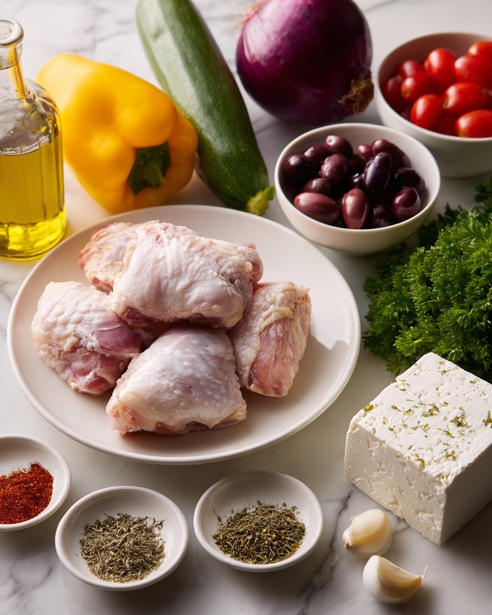 The image shows a white plate in the center with five raw chicken pieces, light pink with some white fat. To the left back, there is a bright yellow bell pepper and a green zucchini next to a dark purple red onion. Behind the main plate, a glass bottle of light golden olive oil is visible. To the right back, a white bowl is filled with small bright red cherry tomatoes, and next to it, another white bowl holds dark purple olives. In front of the olives, there is a bunch of fresh green parsley. At the bottom right, a white plate holds a block of creamy white feta cheese. At the bottom left, a small white bowl contains five spices: coarse white salt, black pepper, red paprika, green dried thyme, and brown oregano, arranged in separate sections. Nearby, a few peeled white garlic cloves rest on the white marbled surface. Photo taken with an iphone --ar 4:5 --v 7