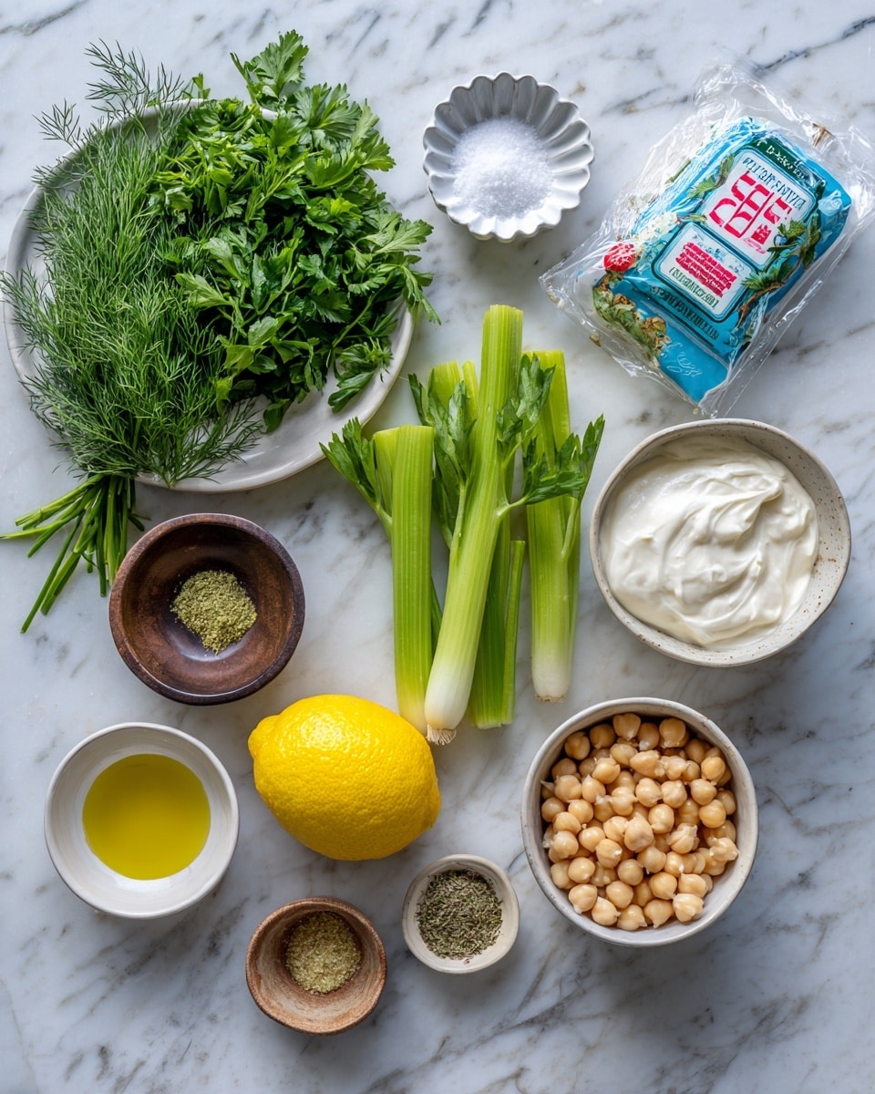 The image shows fresh ingredients laid out on a white marbled surface. At the top left, a white plate holds bunches of green herbs, including parsley and dill, with a small white scalloped bowl of salt beside it. To the right of the herbs, a clear plastic bag of green celery sticks with colorful red, white, and blue branding is placed flat. Below the herbs, three bright green spring onions lay diagonally with a whole yellow lemon in front of them. To the left of the lemon, a small white bowl contains golden olive oil, and next to the lemon, a small dark wooden bowl has light ground spices. A bigger white bowl on the bottom right is filled with pale beige chickpeas. In the center, a white bowl holds creamy white yogurt or sour cream. photo taken with an iphone --ar 4:5 --v 7