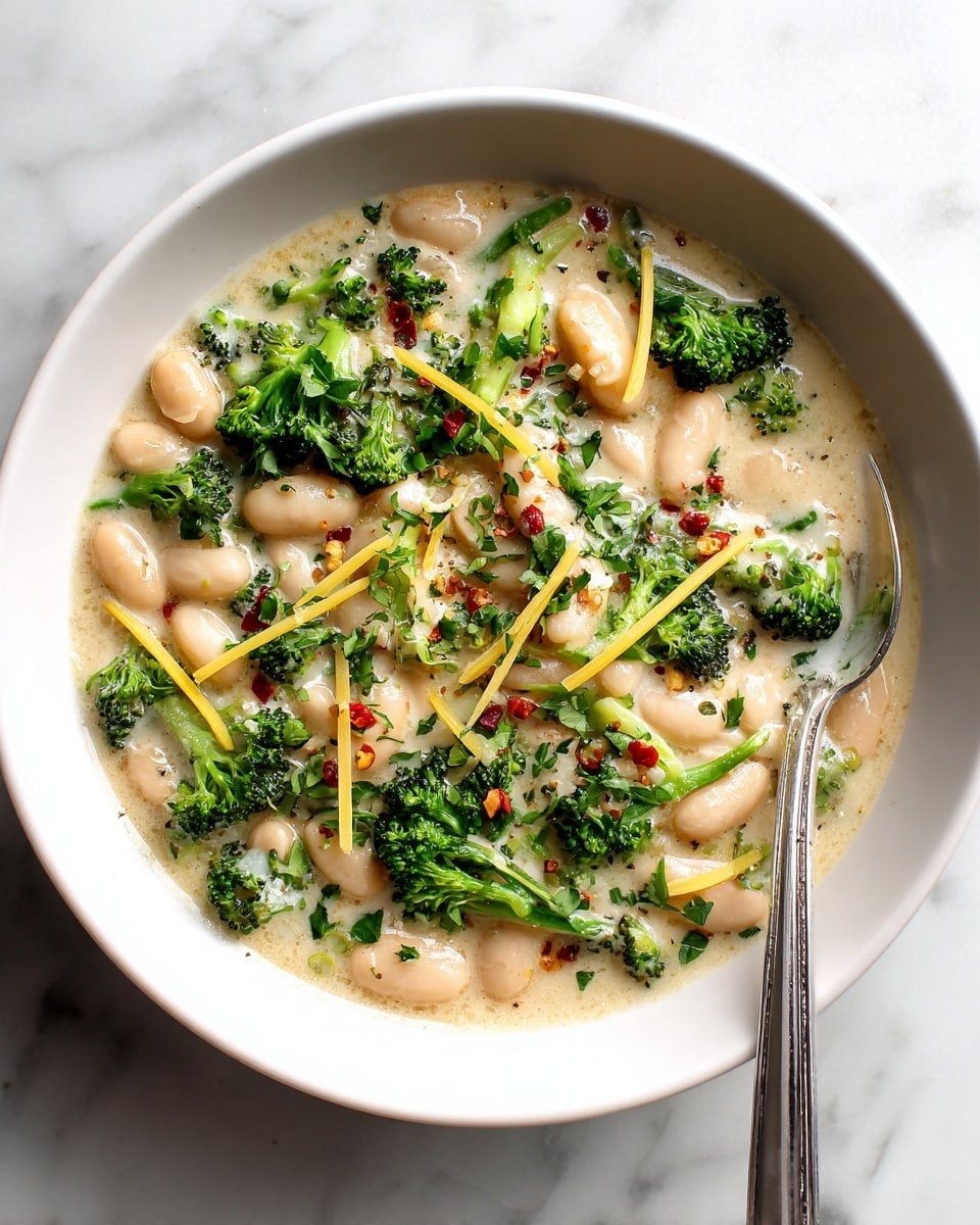 A white bowl filled with a creamy dish showing small white beans and green broccoli pieces mixed evenly throughout. Thin yellow cheese strips are scattered on top, along with small red chili flakes and finely chopped green herbs. The creamy sauce is light beige with a smooth texture covering the ingredients. The bowl rests on a white marbled surface. photo taken with an iphone --ar 4:5 --v 7