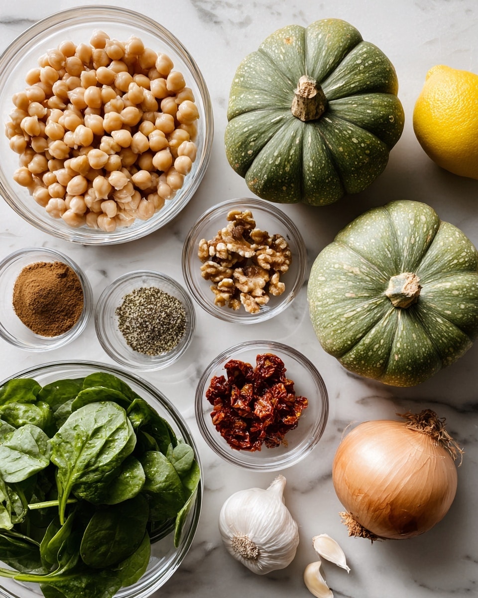 The image shows various fresh ingredients laid out on a white marbled surface. There are two green acorn squashes with a smooth, ridged texture placed near the top center. To the left, there is a clear glass bowl filled with light beige chickpeas, and below it, another clear bowl contains fresh dark green spinach leaves. Small clear bowls hold different ingredients: one with a brown ground spice, another with a mix of white and black seasoning, and a third with chopped walnuts. A separate small clear bowl contains sun-dried tomato pieces in oil with a shiny, oily surface. On the right side, a whole yellow lemon and a whole round light brown onion sit clear and distinct. Three small cloves of white garlic are positioned near the bowls. The whole scene appears clean and organized with natural colors and textures. photo taken with an iphone --ar 4:5 --v 7