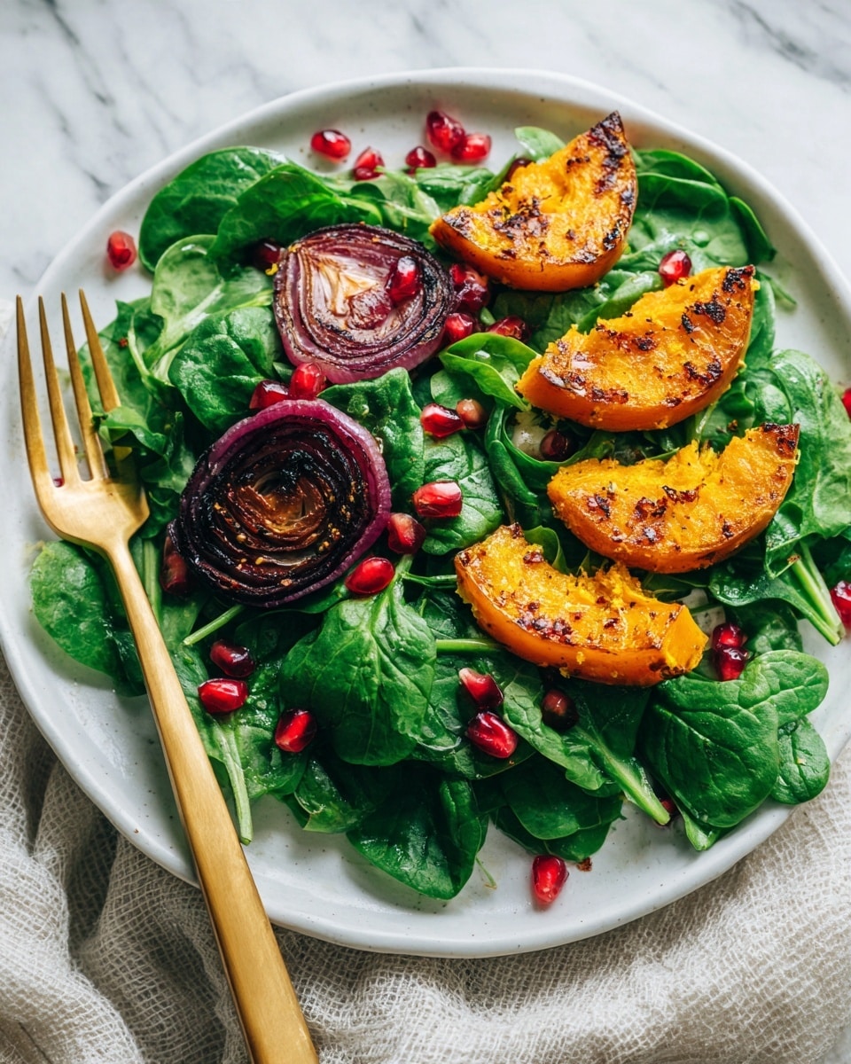 The image shows a fresh salad on a white plate, placed on a white marbled surface. The base layer has bright green spinach leaves that cover the whole plate. On top, there are four pieces of roasted butternut squash with a golden brown and slightly charred surface, arranged near the edge. A few dark purple roasted onion slices with a slightly crisp look are placed among the spinach on one side. Scattered over the salad are small red pomegranate seeds that add a pop of color. A gold fork rests on the left side of the plate, with its handle pointing outwards. photo taken with an iphone --ar 4:5 --v 7