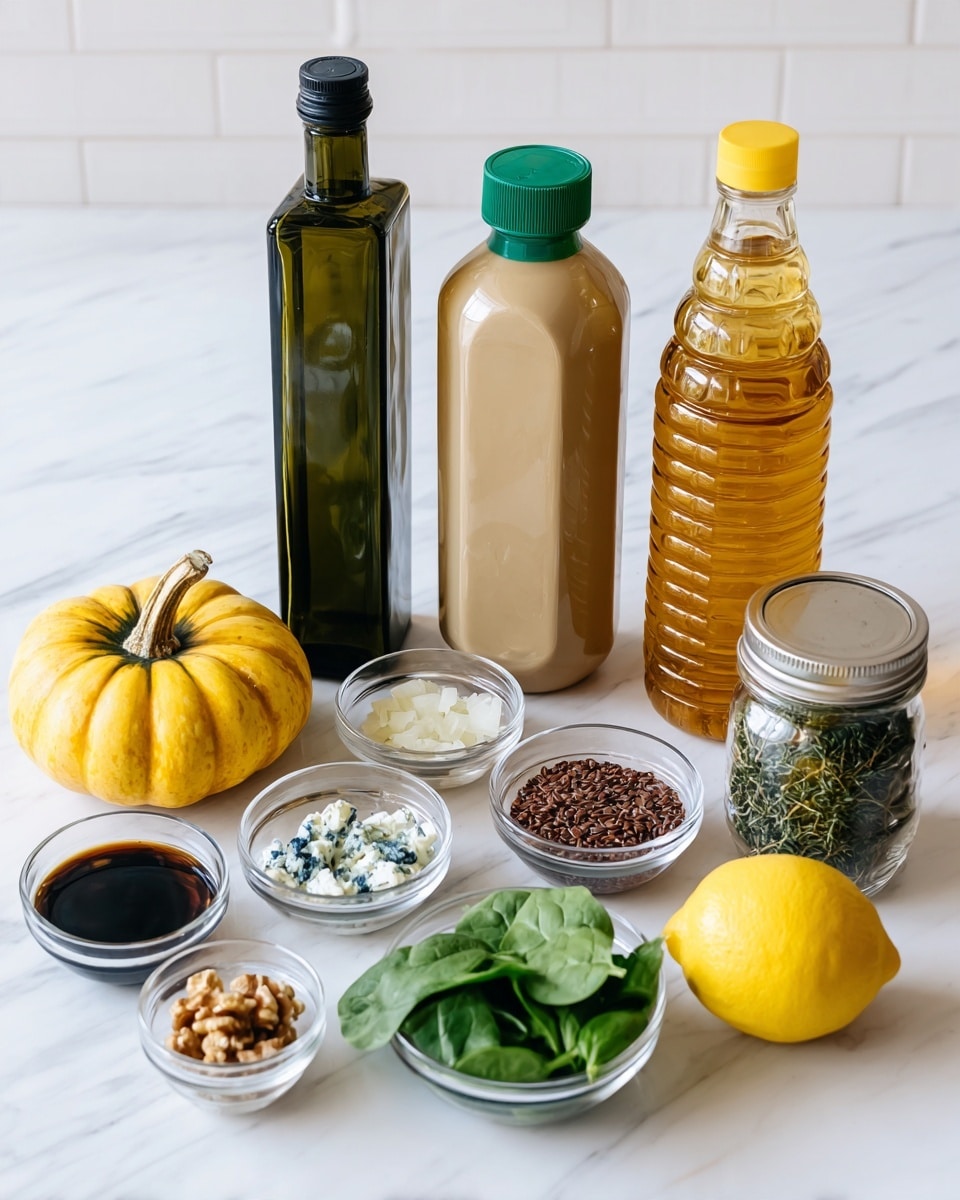 The image shows a group of ingredients placed on a white marbled surface. At the back, there is a tall dark green bottle of avocado oil with a black cap on the left, next to a beige bottle of maple syrup with a green cap in the middle. On the right side, there is a clear plastic bottle of wildflower honey with a yellow cap. In front of these bottles, there are two small round pumpkins, one mostly yellow with some green at the bottom left and one dark green with ridges near the center. Several small clear glass bowls hold different items: one with chopped white onions, one with red quinoa, one with walnut pieces, one with blue cheese crumbles, and one with green spinach leaves. At the front right corner is a whole yellow lemon, and next to it is a small jar of dried French thyme with a silver lid. The setup is brightly lit and simple with a clean white marbled background photo taken with an iphone --ar 4:5 --v 7