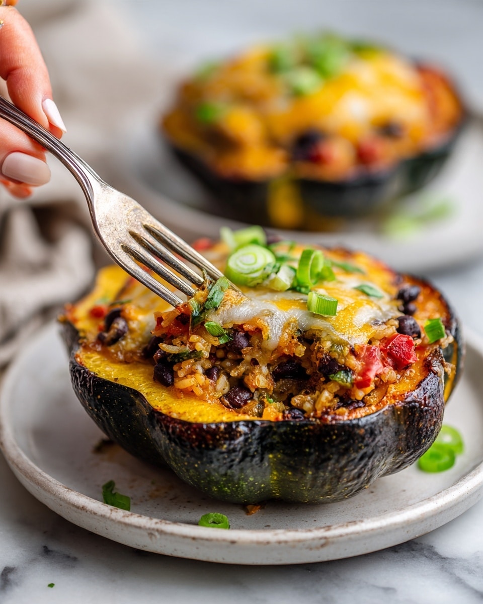 The dish shows a stuffed roasted acorn squash on a white marbled surface, with one slice in front filled with layers: the bottom is the charred dark green to brown acorn squash shell with its orange roasted flesh inside, topped with a mix of cooked rice, black beans, and small pieces of red tomato-like ingredients. On top, there is a thick layer of melty cheese with orange and white colors, garnished with bright green sliced scallions and small pieces of fresh green herbs. There's a woman's hand holding a fork pressing into the filling, showing the creamy texture of the cheese and the colorful mix underneath. In the background, there is another stuffed acorn squash piece slightly blurred. Photo taken with an iphone --ar 4:5 --v 7