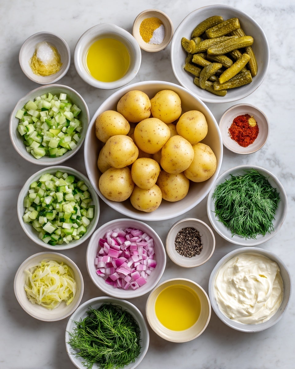 The image shows bowls arranged on a white marbled surface, each containing different ingredients for a dish. In the center is a large white bowl filled with whole small yellow potatoes. Around it, there are smaller white bowls with various chopped and whole ingredients: diced onions in light pink, chopped green cucumbers, fresh green dill sprigs, finely chopped green chives, and pickles cut into small pieces. Additional bowls hold yellow olive oil, clear lemon juice, black pepper, white salt, reddish paprika powder, minced garlic, golden mustard, a white creamy mayonnaise, and a white creamy yogurt. The colors range from soft yellows and greens to whites and reds, all organized neatly. photo taken with an iphone --ar 4:5 --v 7