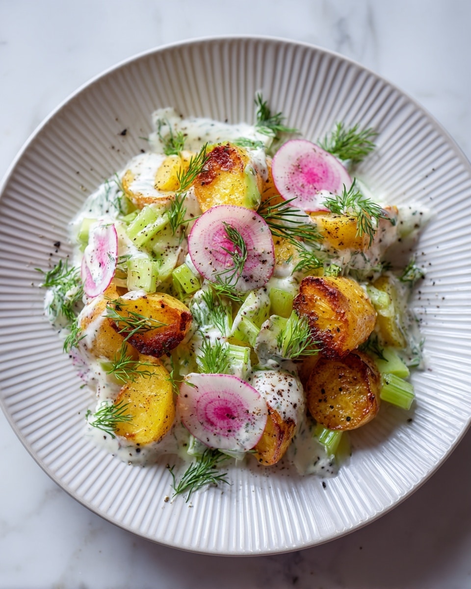 The dish shows a close-up of a mixed salad on a white plate with ridged edges, placed on a white marbled surface. The salad has crispy golden-brown roasted yellow potato pieces layered on top, and underneath, there are thin slices of white radish with pink edges and crunchy chopped green celery. Everything is tossed in a creamy white dressing with visible specks of black pepper and fresh green dill sprigs scattered on the surface, adding texture and color contrast. photo taken with an iphone --ar 4:5 --v 7