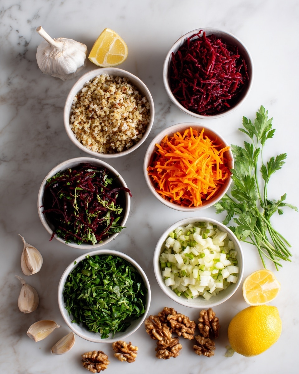 The image shows seven white bowls placed neatly on a white marbled surface. Each bowl holds a different ingredient: one has light brown cooked grains, another is filled with dark red shredded beets, a third contains bright orange shredded carrots, the fourth has fresh green leafy herbs, the fifth holds small chopped white pieces, the sixth has brown walnut halves, and two lemon wedges are placed nearby. There are also two cloves of garlic and a few sprigs of fresh green herbs scattered around for decoration. photo taken with an iphone --ar 4:5 --v 7