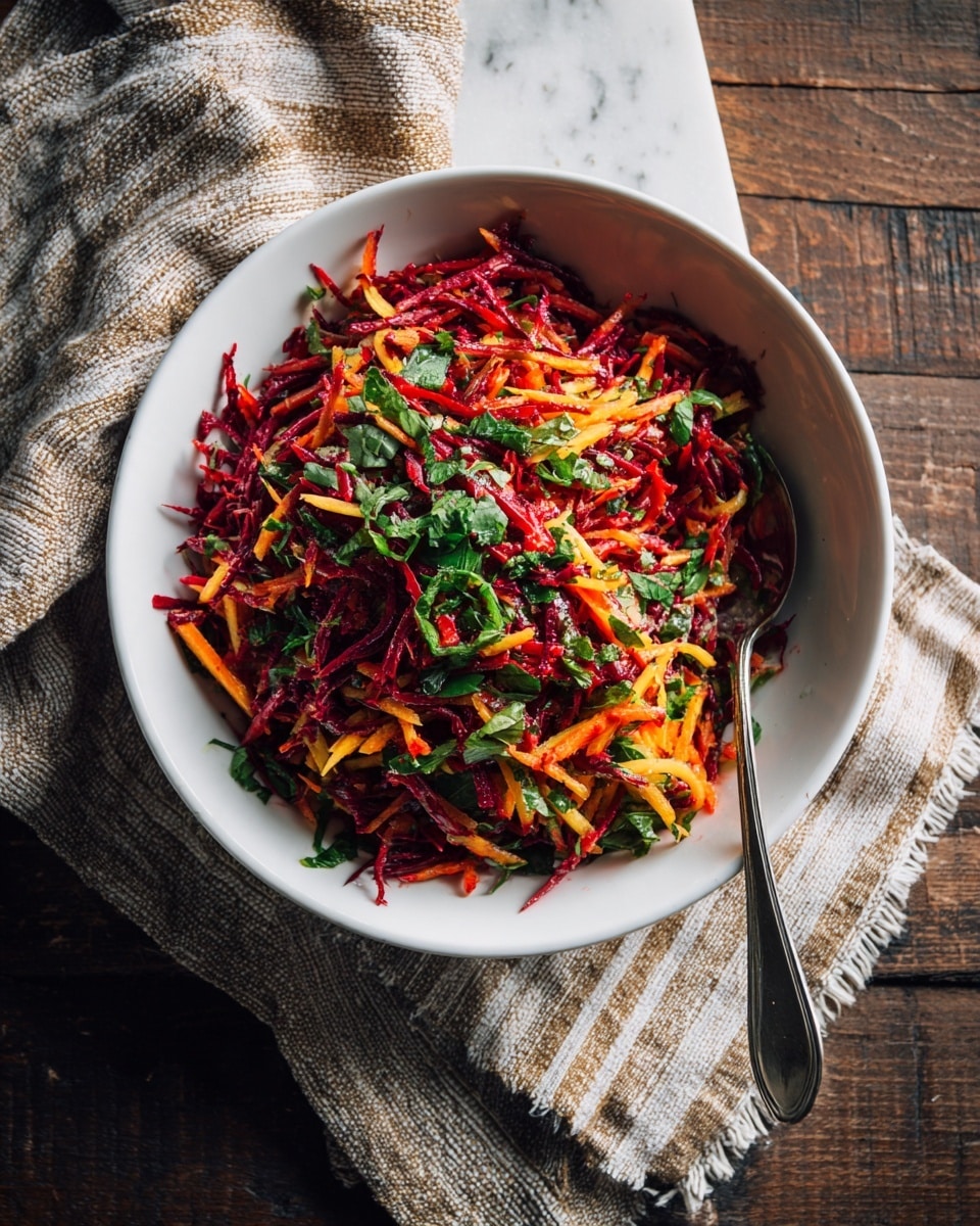 A vibrant salad with layers of finely shredded red and orange vegetables, likely beets and carrots, mixed with fresh green herbs scattered on top. The mix is placed in a white bowl with a metal spoon resting on the right side inside the bowl. The bowl sits on a dark wooden surface alongside a textured cloth with light brown and beige stripes. The whole scene is set on a white marbled texture background. photo taken with an iphone --ar 4:5 --v 7