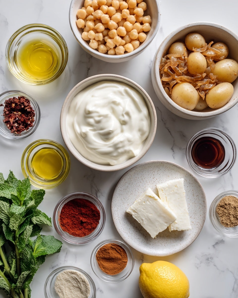 The image shows a white bowl filled with creamy white yogurt at the bottom center, with a white speckled plate holding two pieces of creamy white cheese just below it. To the right of the yogurt is a small brown bowl containing light brown fried onions. Above the yogurt bowl is a larger white bowl filled with pale yellow chickpeas. To the upper right is another large white bowl filled with small, tan potatoes. On the left side of the image, there is a white bowl with fresh green herbs including mint and parsley. Surrounding these bowls are small clear glass bowls filled with different ingredients: light yellow olive oil, red paprika powder, brown cumin powder, and a thick dark red paste. A bright yellow lemon is placed near the center on a white marbled surface. The overall background is white marbled, and everything is neatly arranged on it. photo taken with an iphone --ar 4:5 --v 7