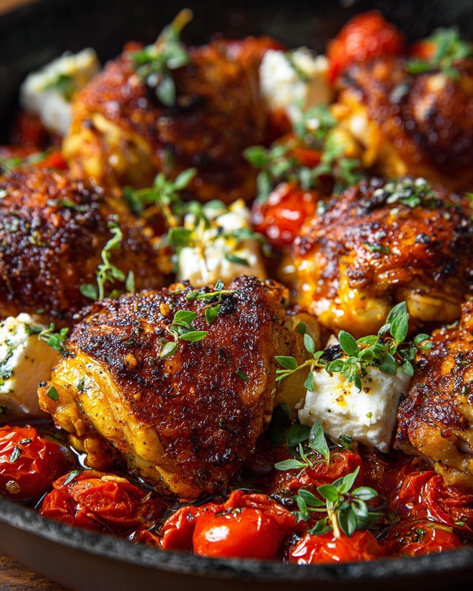 A close-up view of six golden brown fried chicken pieces arranged in a black pan, sitting on a layer of bright red cooked cherry tomatoes with a slightly glossy texture. Large white chunks of soft cheese are placed unevenly on top of the chicken and tomatoes, along with scattered small green fresh herb leaves, adding a touch of color contrast. The chicken's crispy skin shows different shades of brown and some darker, almost burnt spots. photo taken with an iphone --ar 4:5 --v 7
