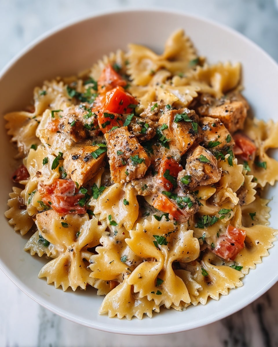 The image shows a close-up of a creamy pasta dish in a white bowl, placed on a white marbled surface. The dish has several layers: the base is bowtie-shaped pasta in light golden brown with a slightly soft texture. Mixed evenly throughout are small chunks of white chicken and pieces of red bell pepper. The whole dish is covered with a rich, creamy sauce speckled with bits of browned meat and herbs. On top, fresh green herbs are sprinkled, adding a pop of color and freshness. The sauce has an inviting, slightly glossy texture with melted cheese blending into it. Photo taken with an iphone --ar 4:5 --v 7