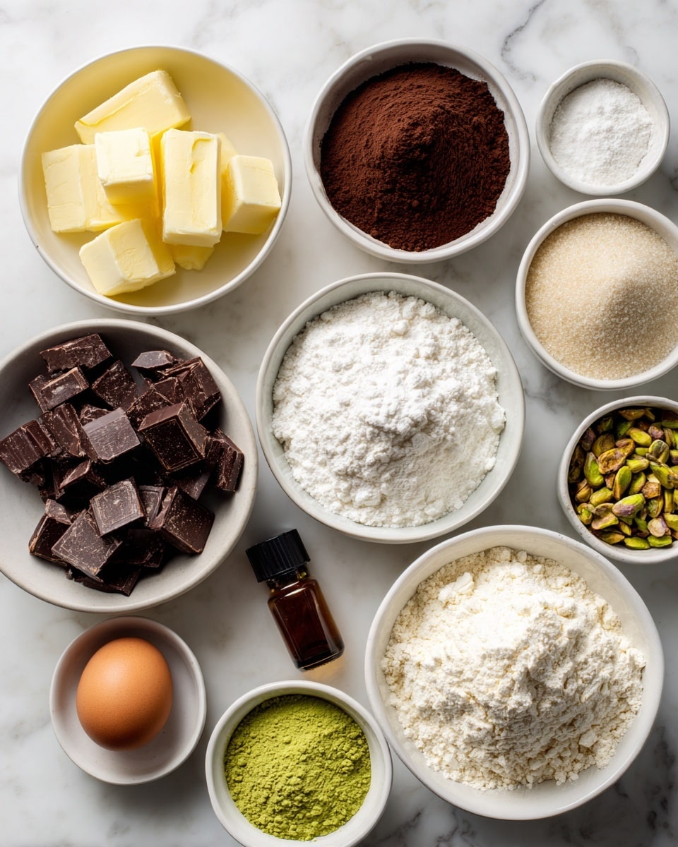 The image shows eleven bowls and one vanilla extract bottle arranged on a white marbled surface. The largest bowl in the bottom right has off-white flour with a light powdery texture. To its left is a white bowl filled with yellow cubes of butter, smooth in texture. Above the butter is a white bowl of dark brown cocoa powder, finely textured. Next to the cocoa powder is a small white bowl with green pistachio nuts. To the right of the pistachios is a white bowl with white granulated sugar and light brown sugar mixed, showing a rough sandy texture. Above the sugar is a white bowl of white all-purpose flour. At the center is a white bowl filled with dark brown chocolate chunks, rough and square-shaped. To the left of the chocolate chunks is a white bowl of white powdered baking soda, powdery and fine. Below that is a brown egg with a smooth shell beside a small amber bottle of vanilla extract. In the bottom left corner is a small white bowl with smooth green matcha paste. The bowls are neatly placed with clear separation, and everything sits on a clean white marbled surface photo taken with an iphone --ar 4:5 --v 7