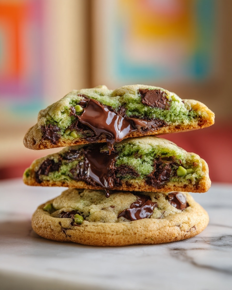 A close-up view of a stack of three cookies on a white marbled surface, each cookie broken in half to reveal a dense, melted green filling mixed with dark chocolate chunks that shine slightly. The cookie dough on the outside is golden brown with a soft texture, and small green nut pieces are scattered inside and on top, adding texture and color contrast. The background is blurred with warm tones and part of a colorful framed artwork, making the cookies the clear focus. photo taken with an iphone --ar 4:5 --v 7