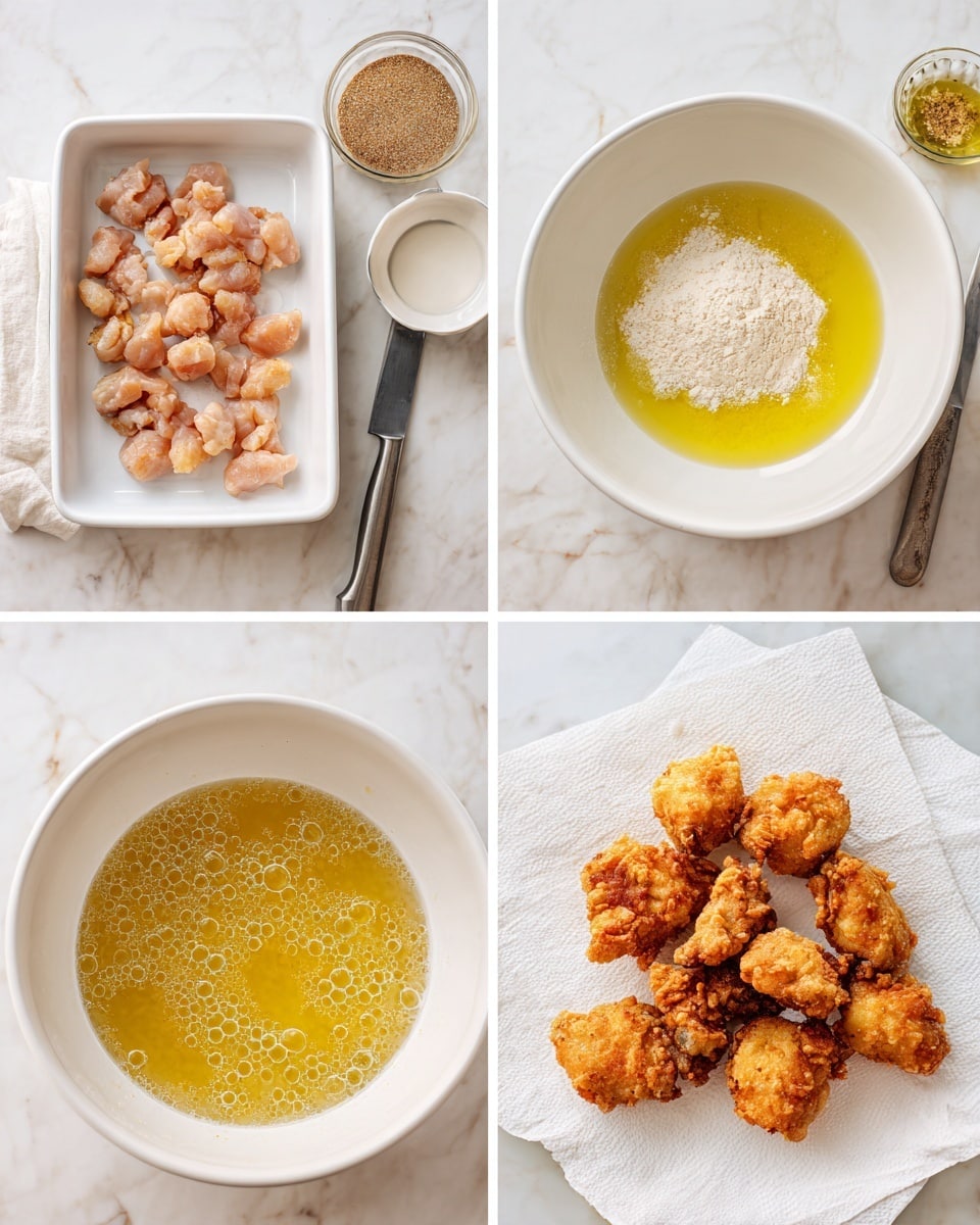 The image is divided into four parts showing steps to make fried chicken pieces. The first part at the top left shows small pieces of raw chicken with a light pink color in a white rectangular dish on a white marbled surface, with a knife nearby. The top right part has raw chicken pieces soaking in a yellowish egg wash inside a white bowl, next to a round white bowl filled with seasoned flour on the white marbled surface. The bottom left part shows bubbling hot oil frying the chicken pieces, with golden bubbles in the oil. The bottom right part shows the golden brown fried chicken pieces resting on a white paper towel on the white marbled surface. Photo taken with an iphone --ar 4:5 --v 7