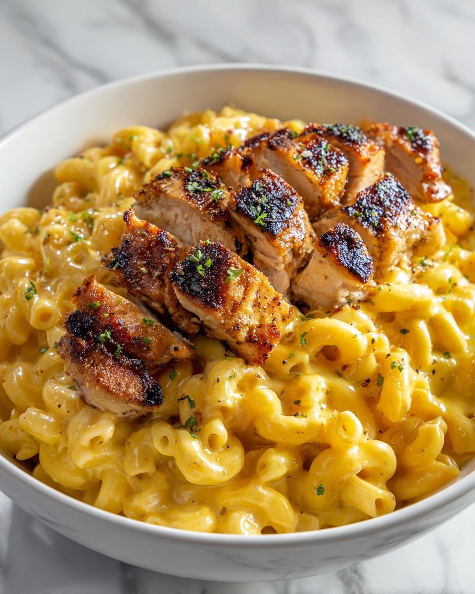 The image shows a close-up of a dish served in a white bowl filled with creamy yellow macaroni and cheese as the bottom layer. On top, there are golden brown pieces of grilled chicken scattered evenly, with a few sprinkled green herbs adding a pop of color. The grilled chicken has a shiny glaze with specks of seasoning visible. The background is a white marbled surface, and the photo has a warm and rich feel. photo taken with an iphone --ar 4:5 --v 7