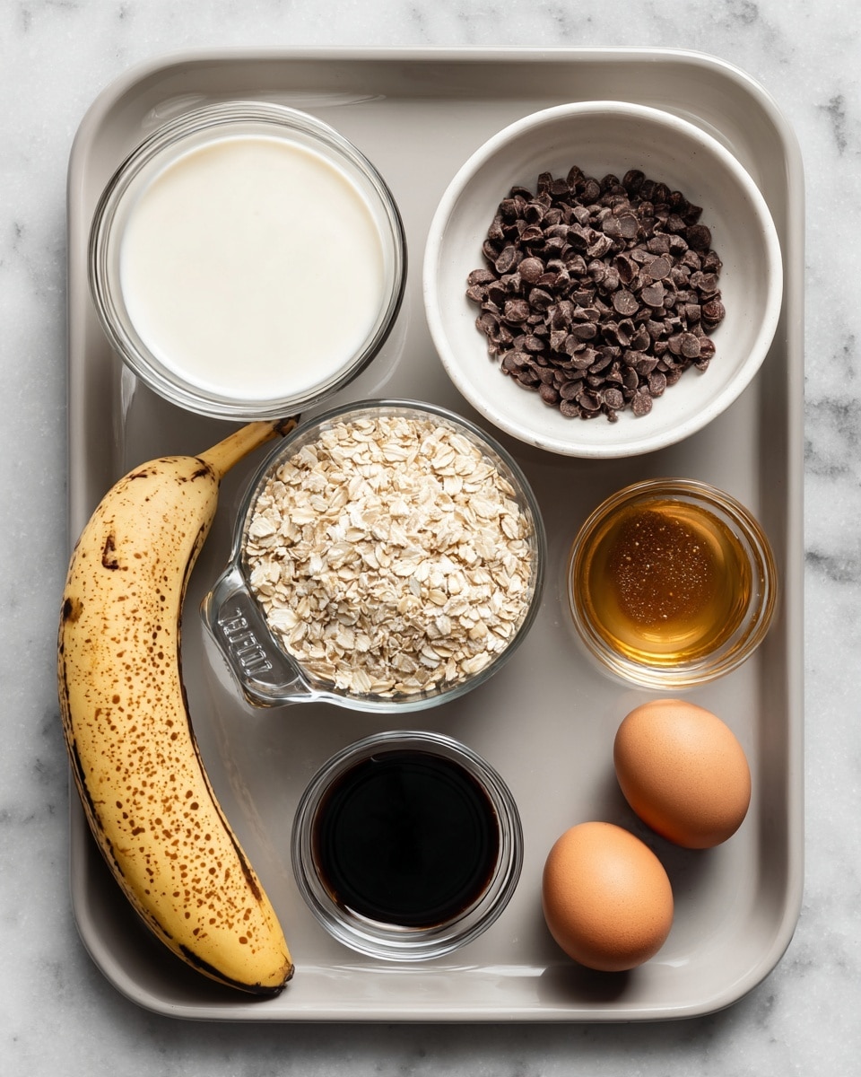 The image shows a gray tray with seven ingredients neatly arranged on a white marbled surface. At the top left is a clear glass bowl filled with white milk, next to it is a white bowl filled with small dark brown chocolate chips. Below the chocolate chips is a small clear glass bowl with honey, and next to it is a small light brown bowl holding white powder and brown spice. At the bottom left of the tray is a ripe banana with brown spots, and above it is a metal measuring cup filled with light beige rolled oats. Below the oat cup is a clear small glass bowl with dark liquid vanilla extract. Finally, at the bottom right corner are two brown eggs. Photo taken with an iphone --ar 4:5 --v 7