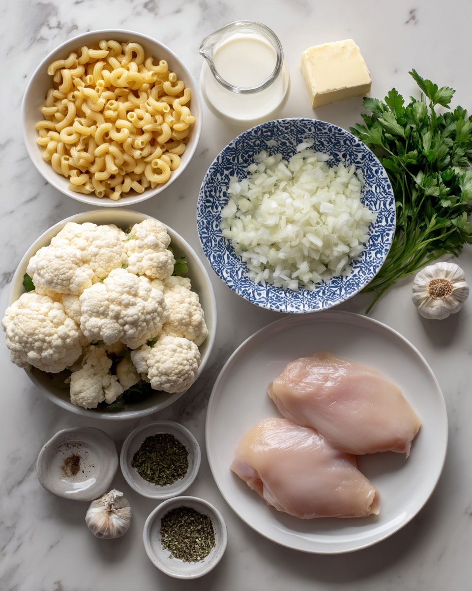 The image shows various ingredients arranged on a white marbled surface. In the top right is a white plate with two raw chicken fillets, light pink and smooth in texture. Below it, a white bowl contains fresh cauliflower florets, white and firm. To the left, a white bowl holds dry elbow macaroni, yellow and curved. Above that, a white bowl with a blue geometric pattern is filled with chopped onions, white and slightly translucent. Around these are smaller white bowls containing green dried herbs, black pepper, a few cloves of garlic, and a thick slice of butter. There is also a small glass cup filled with milk and a grey bowl full of grated white cheese. Fresh green parsley lies beside the bowls. All ingredients are well lit and clearly visible. Photo taken with an iphone --ar 4:5 --v 7