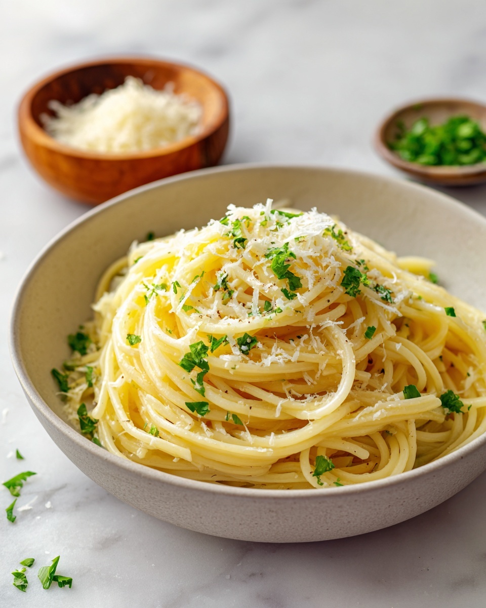 A bowl of spaghetti pasta is shown with the noodles piled in a light gray bowl on a white marbled surface. The pasta is pale yellow with a smooth texture, coated lightly in sauce, and topped with finely grated white cheese and small pieces of green parsley scattered evenly across the noodles. In the background, there is a small brown wooden bowl filled with more grated cheese and some green herbs. The overall look is simple, fresh, and inviting with a soft natural light. Photo taken with an iphone --ar 4:5 --v 7