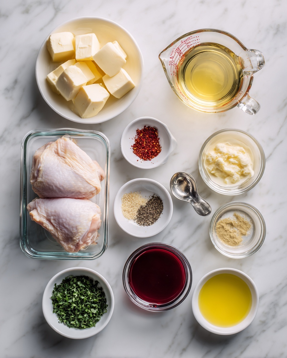 The image shows a top-down view of ingredients neatly placed on a white marbled surface. In the center, there is a clear glass container holding two raw chicken pieces. Surrounding it are small white bowls and glass containers with various ingredients: at the top, three cubes of butter in a round white bowl; above and to the right, a glass measuring cup filled with light golden liquid; to the left, a small round bowl with red spice, below it another bowl with light brown seasoning, and another with black pepper. At the bottom, a small bowl with yellow oil, a bowl of dark red liquid, and a small white dish filled with green chopped herbs complete the setup. The arrangement is clean and precise, showing a variety of smooth and textured ingredients used for cooking. Photo taken with an iphone --ar 4:5 --v 7
