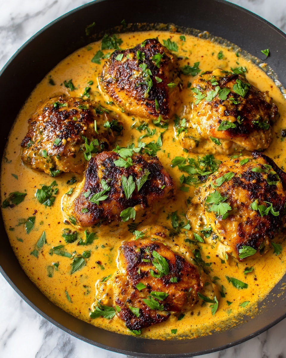 A black pan holds five golden brown cooked chicken pieces covered with a creamy orange sauce, garnished with small green parsley leaves scattered on top and around. The chicken has a slightly charred texture in some places, showing a rich, well-cooked surface with a smooth sauce pooling around them. The background is a white marbled texture. photo taken with an iphone --ar 4:5 --v 7