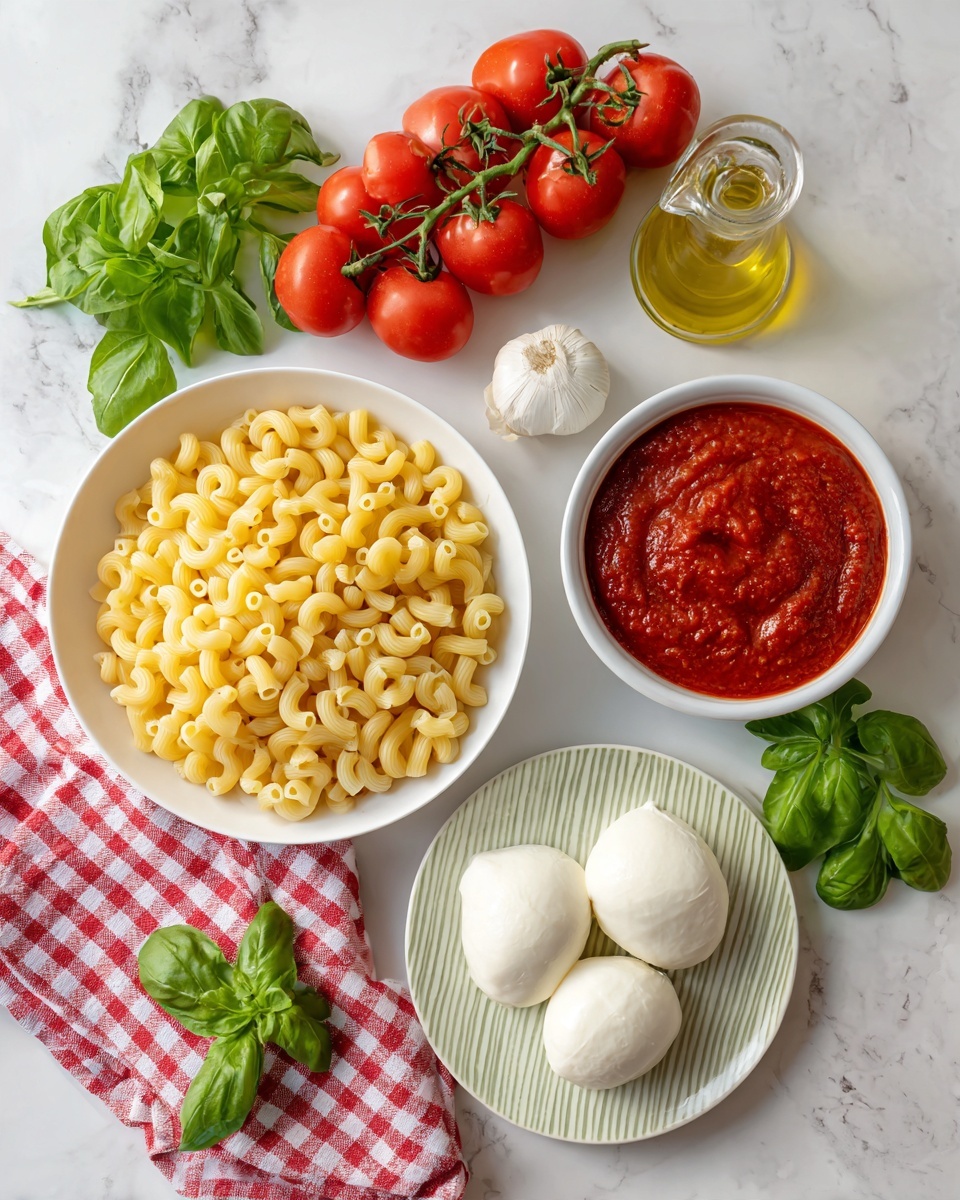 The image shows simple pasta ingredients arranged on a white marbled surface. There is a white plate filled with uncooked elbow macaroni in the middle left. Above it is a bunch of red tomatoes on the vine. In the middle top is a small clear glass bottle filled with olive oil, next to a small white ball of garlic. On the right side, there is a white bowl filled with deep red tomato sauce. At the bottom right, a white plate with light green and beige stripes holds two smooth white balls of mozzarella cheese. Fresh green basil leaves lay near the bottom left corner on a red and white checkered cloth. The scene is bright and clean, with natural colors from the fresh ingredients. photo taken with an iphone --ar 4:5 --v 7
