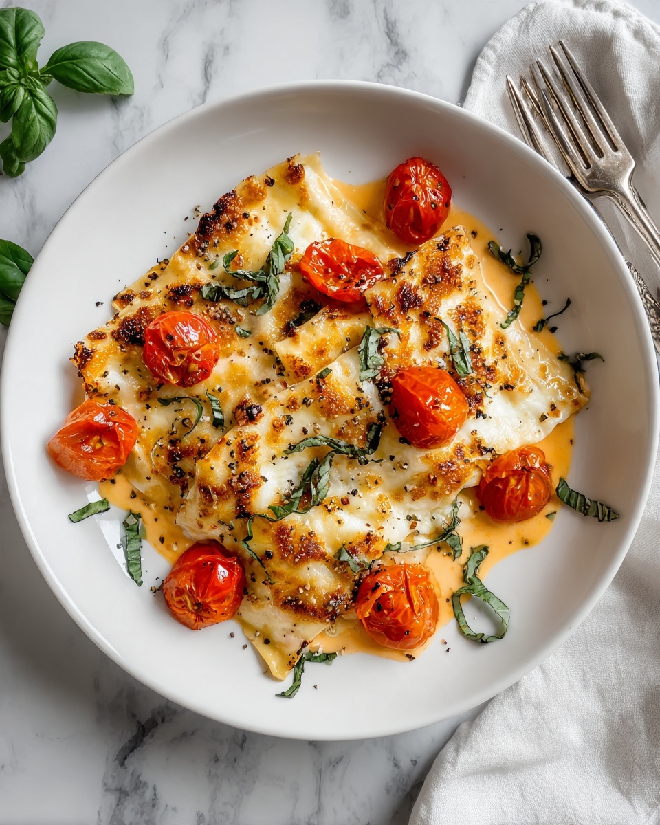 The image shows a white plate filled with three large pieces of golden brown lasagna sheets on top of melted white cheese. Bright red roasted cherry tomatoes are scattered between the lasagna pieces, mixed with a light orange sauce that looks creamy. Fresh green basil leaves, thinly sliced, are sprinkled on top, adding a fresh contrast. There are also small black pepper flakes sprinkled over the dish. The plate sits on a white marbled surface, and to the right of the plate, a silver fork and part of a white napkin are visible. The photo is taken with an iphone --ar 4:5 --v 7