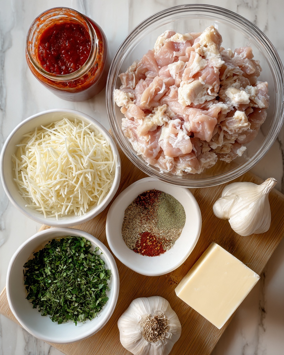 The image shows several clear and white bowls arranged on a wooden table. The largest clear bowl in the middle is filled with small, pale pink pieces of raw chicken. To its left, a small white bowl contains finely shredded white cheese. Below that, another white bowl is filled with chopped green herbs. To the right of the cheese, a white bowl holds a mix of dried spices in shades of green, red, and beige. There are three whole garlic cloves and a square piece of butter placed near the bowls, along with a jar of tomato basil sauce tilted slightly to the left. The scene is set against a white marbled surface background. photo taken with an iphone --ar 4:5 --v 7
