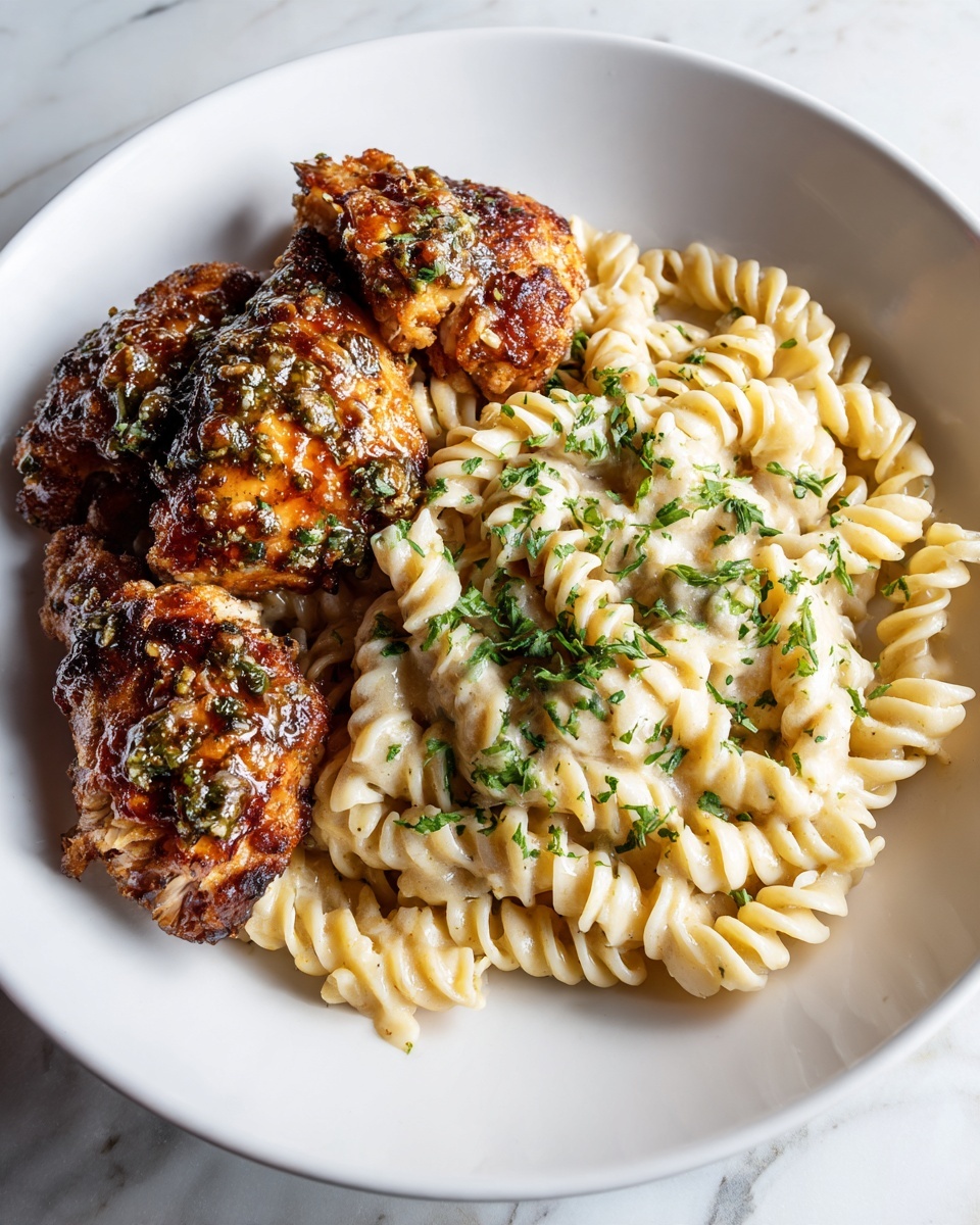 A white plate holds two main parts: on the left side, there are rows of browned, crispy chicken pieces with a shiny, herb-covered sauce on top, showing specks of green herbs, and on the right side, a large portion of creamy light beige spiral noodles sprinkled with chopped green herbs. The food sits on a white marbled surface. Photo taken with an iphone --ar 4:5 --v 7