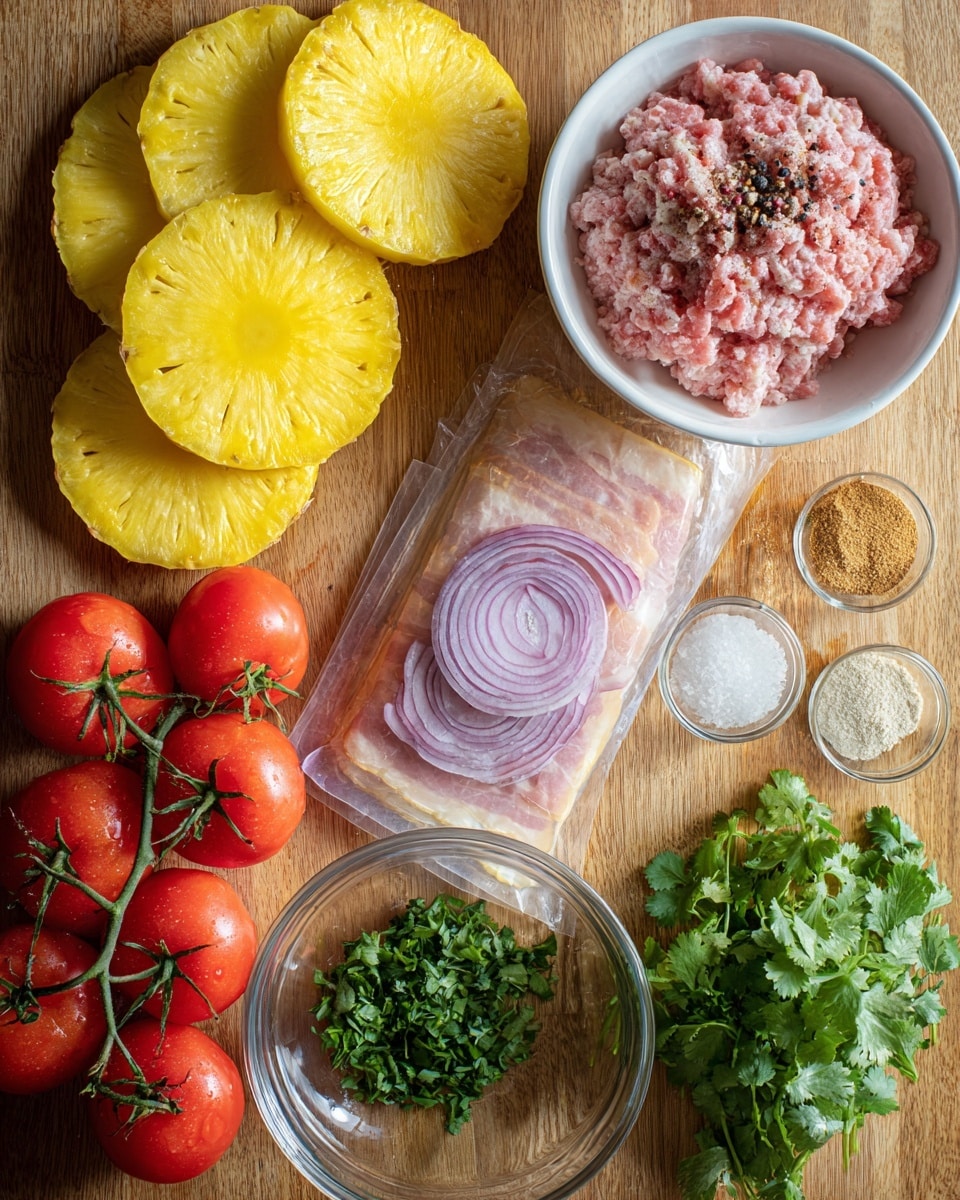 The image shows a wooden surface with fresh ingredients arranged on it. On the top left, there are five round yellow pineapple slices stacked slightly overlapping each other. To the right of the pineapples, a white bowl filled with light pink minced meat sprinkled with black pepper sits. Below the bowl, a clear plastic package of Canadian bacon with slices visible inside is placed horizontally. At the bottom left, a bunch of red tomatoes on the vine rests, and next to them, several rings of red onion are scattered. In the middle, a small clear bowl contains chopped green cilantro, with some loose cilantro leaves around it. There are also small glass containers with light brown and white powders near the top right corner. The surface beneath everything is a wooden board. photo taken with an iphone --ar 4:5 --v 7
