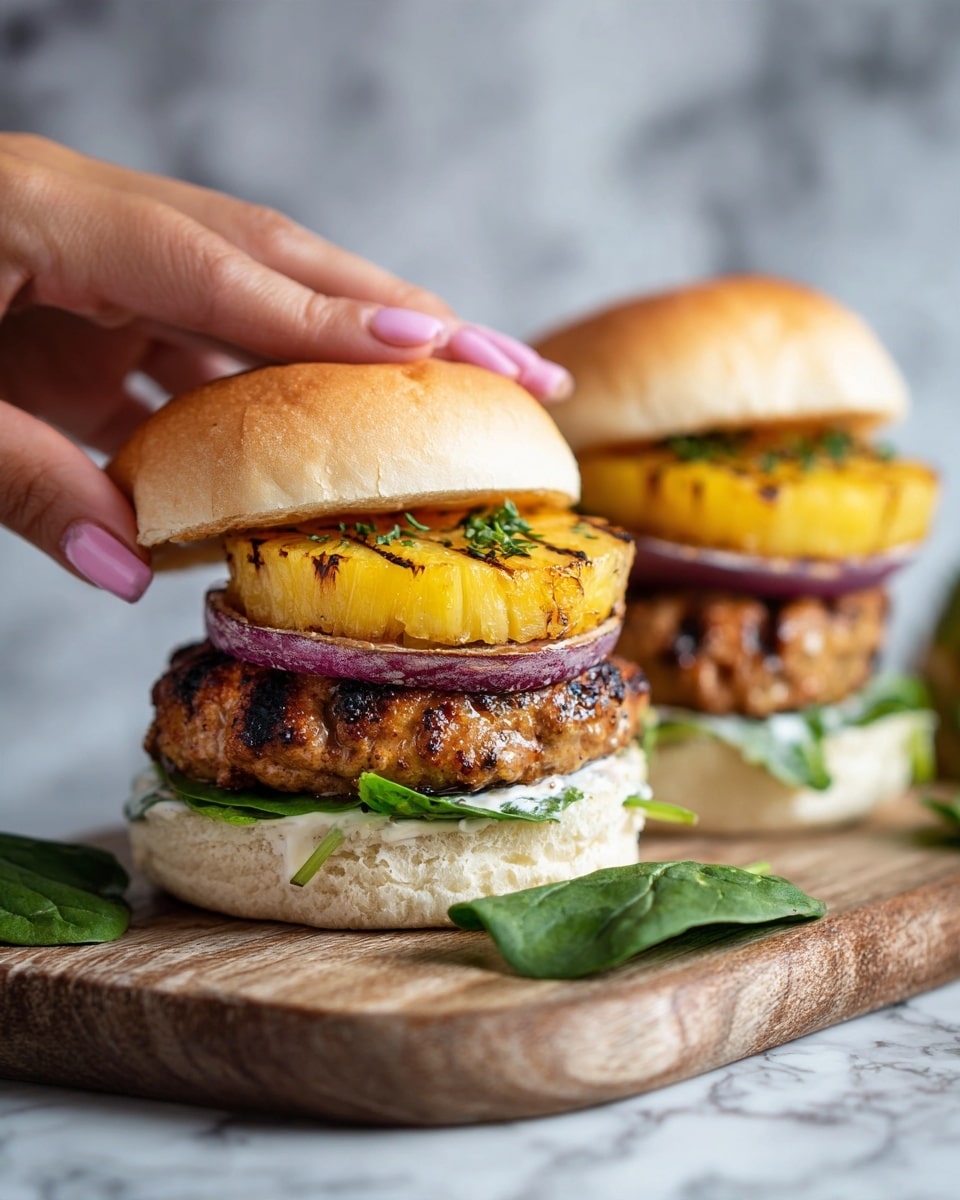 The image shows two burgers on a wooden board with fresh green herbs around. Each burger has a white soft bun top with a light golden color. Under the top bun, there is one grilled pineapple ring with dark grill marks and small green herbs sprinkled on it. Below the pineapple ring, there is a thick grilled red onion slice with visible char lines. The burger patty is thick, juicy, and brown with some shiny sauce on it. At the bottom, there are fresh green spinach leaves placed on the bottom white bun. The background surface is a white marbled texture. A woman's hand is gently holding the left burger from the side. Photo taken with an iphone --ar 4:5 --v 7