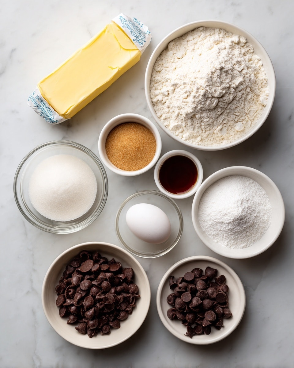 This image shows a flat lay of baking ingredients arranged neatly on a white marbled surface. At the top right is a white bowl filled with flour, next to it at the top left is a stick of salted butter wrapped in yellow and blue paper. Below the flour is a white bowl with light brown sugar. To the right of the sugar is a small white bowl with vanilla extract, and next to it a smaller white bowl with baking powder. Below the sugar is a large white bowl full of white granulated sugar. In the center sits a single white egg in a small clear glass bowl. At the bottom are two white bowls, the left one holds light brown chocolate chips and the right one dark chocolate chips. The whole scene is bright and simple, photo taken with an iphone --ar 4:5 --v 7