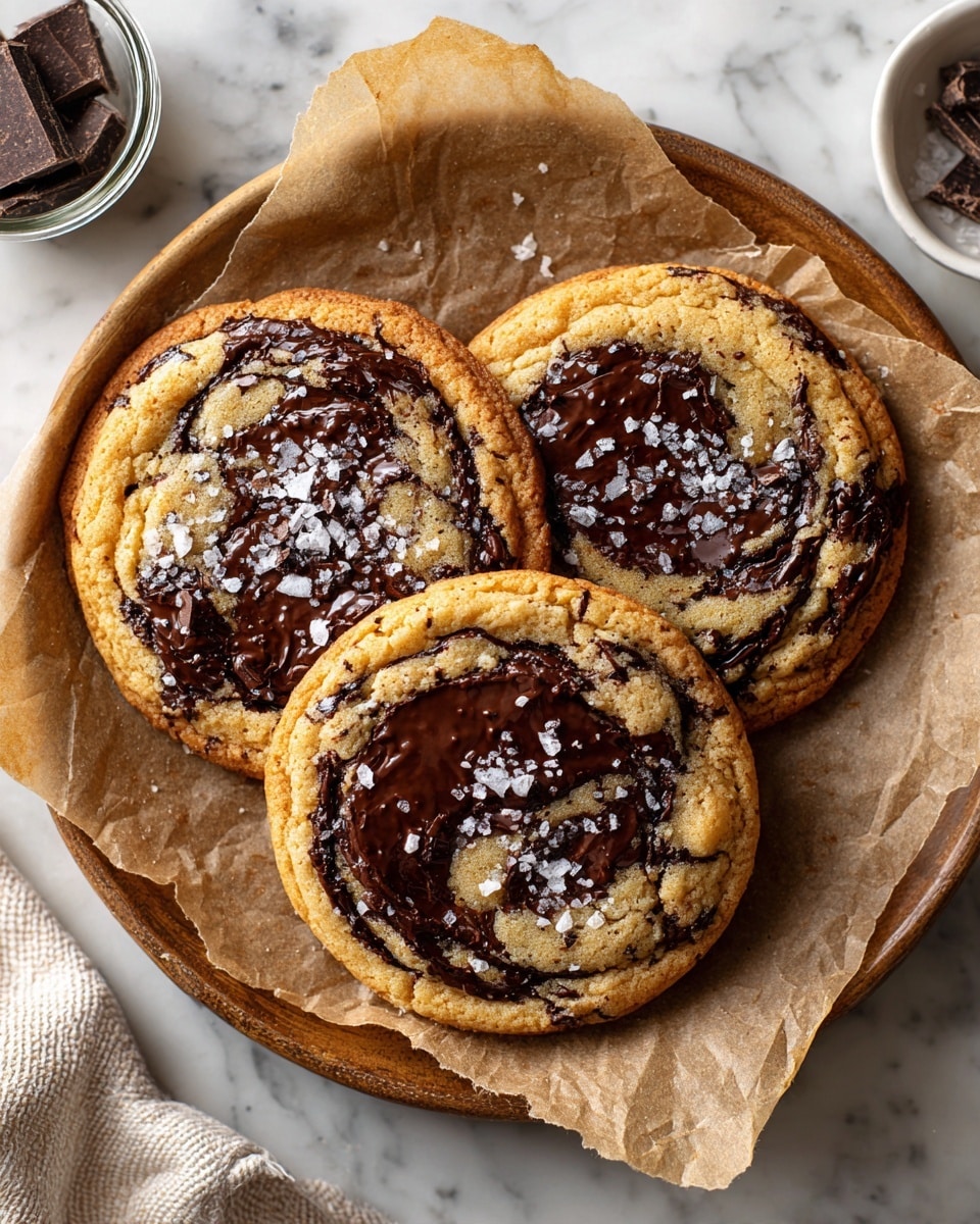 Three large round cookies are shown on crinkled brown paper over a wooden board, placed on a white marbled surface. Each cookie has a soft golden-brown base with swirls of melted dark chocolate spread unevenly through the top, creating dark patches of smooth and shiny texture. Small flakes of coarse sea salt are scattered over the cookies, adding a coarse white contrast. The cookies look chewy with slightly crisp edges. A small glass bowl with chocolate pieces and a white bowl with coarse salt are partly seen at the edges of the image. Photo taken with an iphone --ar 4:5 --v 7