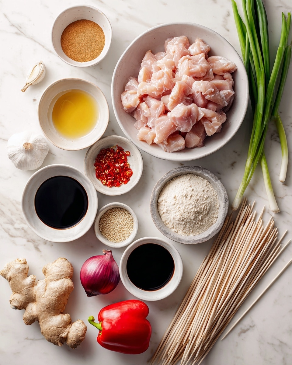 The image shows several white bowls arranged on a white marbled surface, each holding different ingredients for cooking. There is one large bowl in the center filled with light pink, bite-sized raw chicken pieces. Surrounding it are smaller bowls with light brown brown sugar, dark soy sauce, a clear light yellow liquid, and red chili paste with visible chili pieces. On the surface next to the bowls, there is a whole red onion, a small garlic bulb, a piece of light brown fresh ginger, a bunch of green onions, a bright red bell pepper, raw sesame seeds in a small white bowl, a heap of light beige flour or starch powder in a small bowl, and many long wooden skewers laid flat. The overall look is clean and bright with a neat arrangement of fresh colorful ingredients photo taken with an iphone --ar 4:5 --v 7