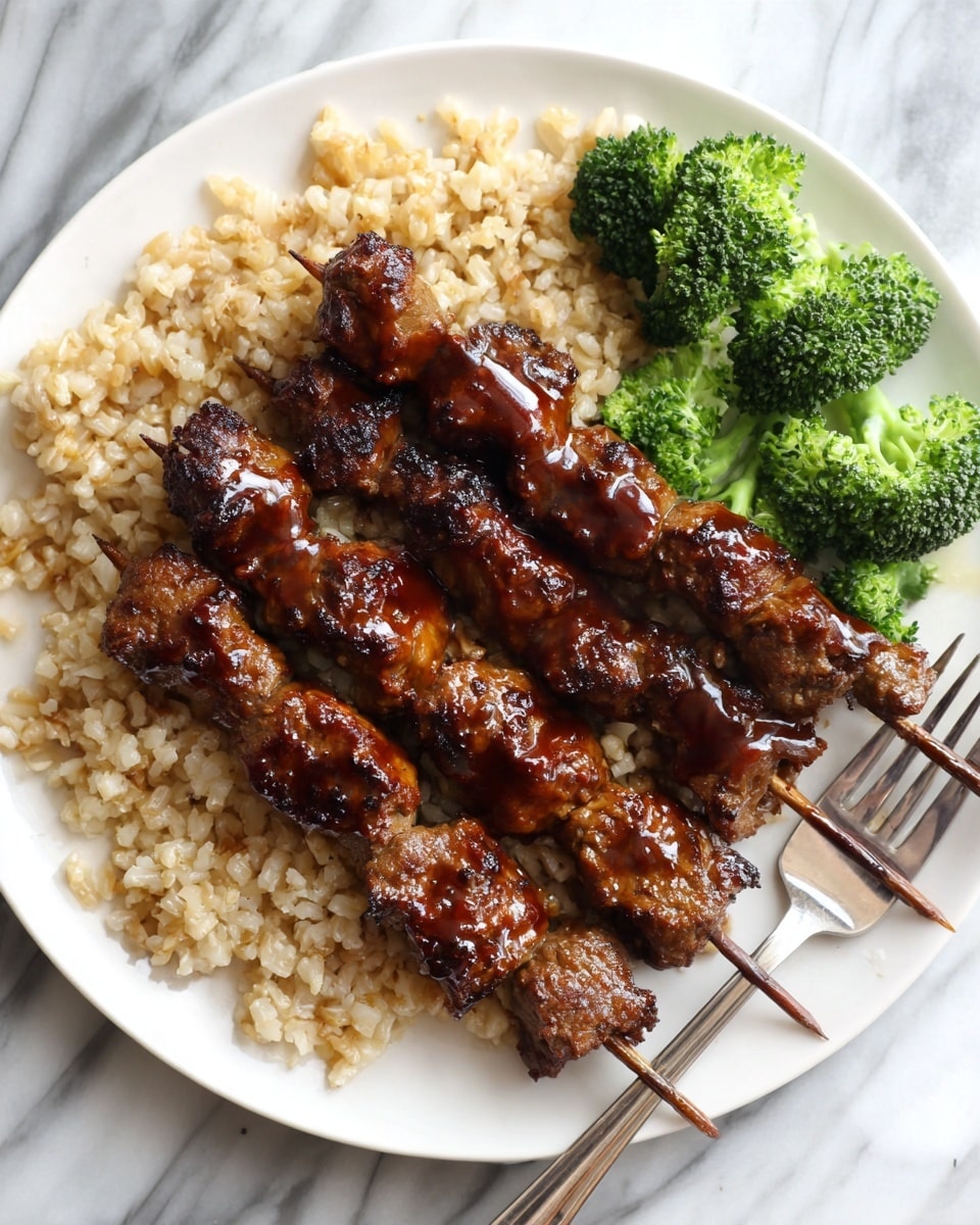 A white plate holds three skewers of grilled meat glazed with a shiny dark brown sauce, resting on a bed of light brown rice. To the right side of the plate, there is a small bunch of bright green broccoli florets. The plate is set on a white marbled surface, and a silver fork is placed near the broccoli. Photo taken with an iphone --ar 4:5 --v 7