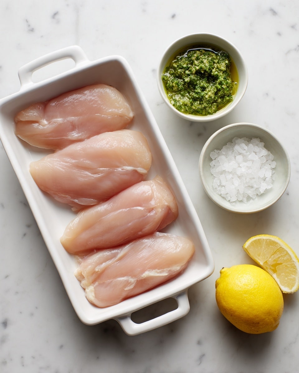 Four raw chicken fillets are neatly placed side by side on a white rectangular dish with handles, showing a smooth and slightly shiny pale pink texture. Next to the dish on a white marbled surface are three small round white bowls: one with coarse white salt, another filled with green pesto sauce with a rough texture, and the last holding half a lemon cut to show its juicy inside alongside a whole bright yellow lemon. The composition is simple and clean. photo taken with an iphone --ar 4:5 --v 7