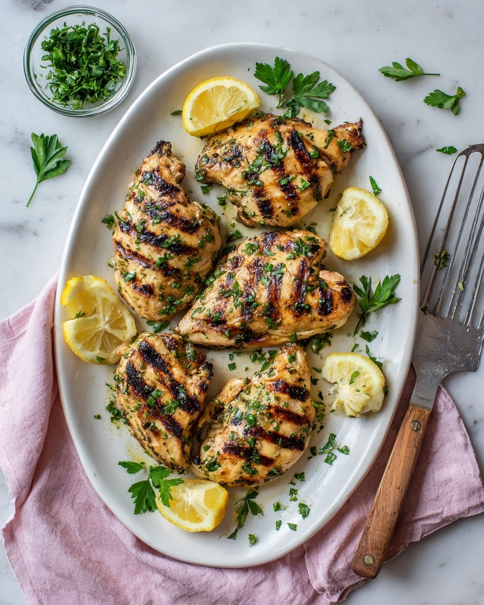 The image shows a white oval plate with three grilled chicken pieces arranged in a rough triangular shape, each having clear dark grill marks on golden brown skin with a hint of green herbs sprinkled on top. Around the chicken, there are six lemon wedges placed in pairs near each chicken piece, adding a bright yellow contrast. Small fresh green parsley leaves are scattered on the chicken and plate for garnish. A silver spatula with a wooden handle rests on the right side of the plate. In the upper left corner, a small clear bowl holds chopped green herbs. The whole setting is on a white marbled surface with a light pink cloth partially visible under the plate photo taken with an iphone --ar 4:5 --v 7